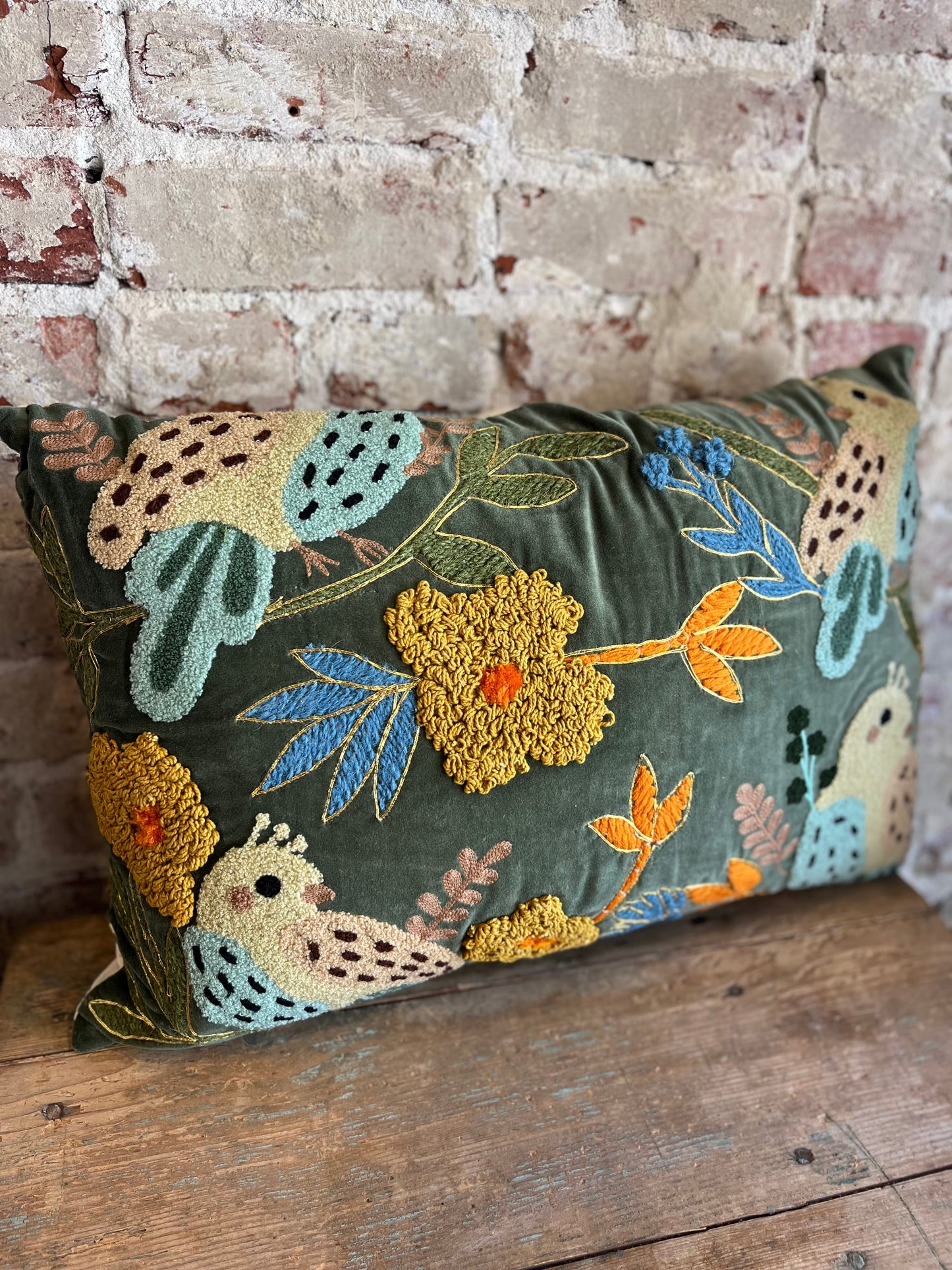Bird Embroidery Luxe Pillow- Green