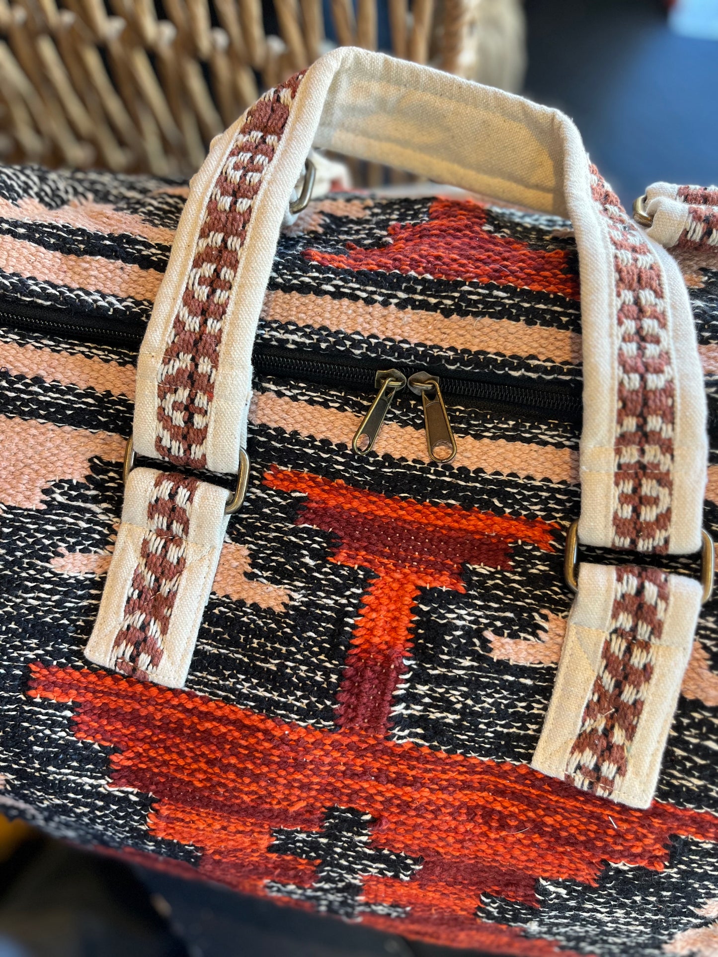 Faded Aztec Print Duffle Bag - Black/Red