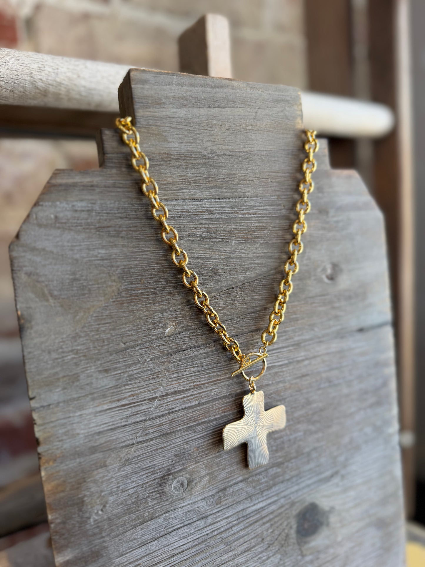 Hammered Cross Necklace- Gold/Waterproof