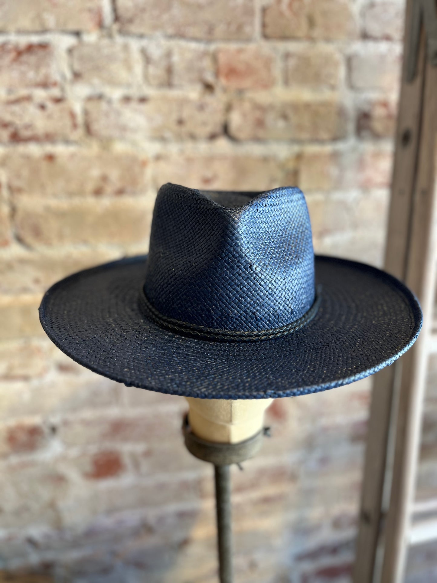 Curled Brim Sun Straw Hat - Navy