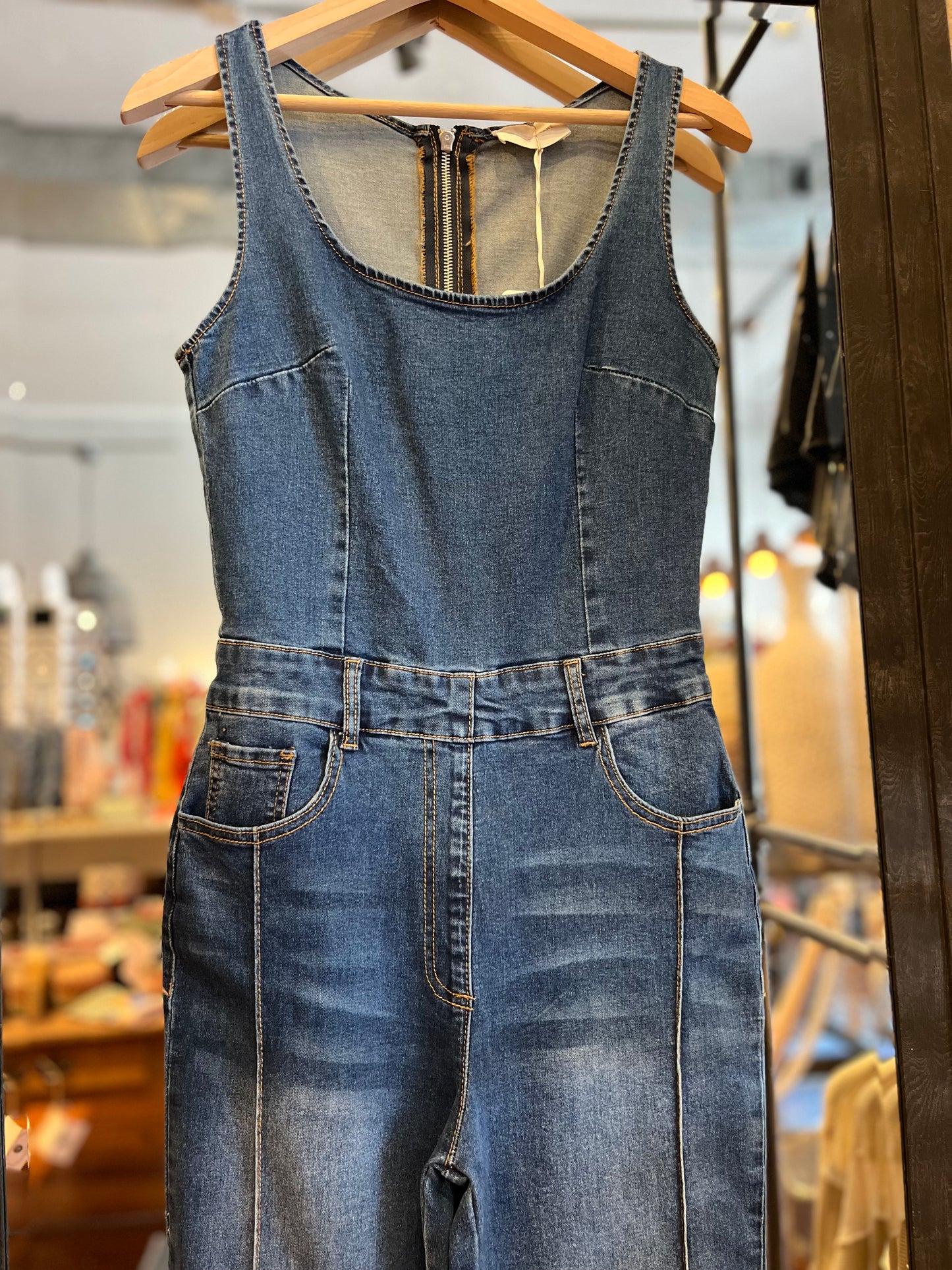 Sleeveless Stretch Wide Leg Denim Jumpsuit