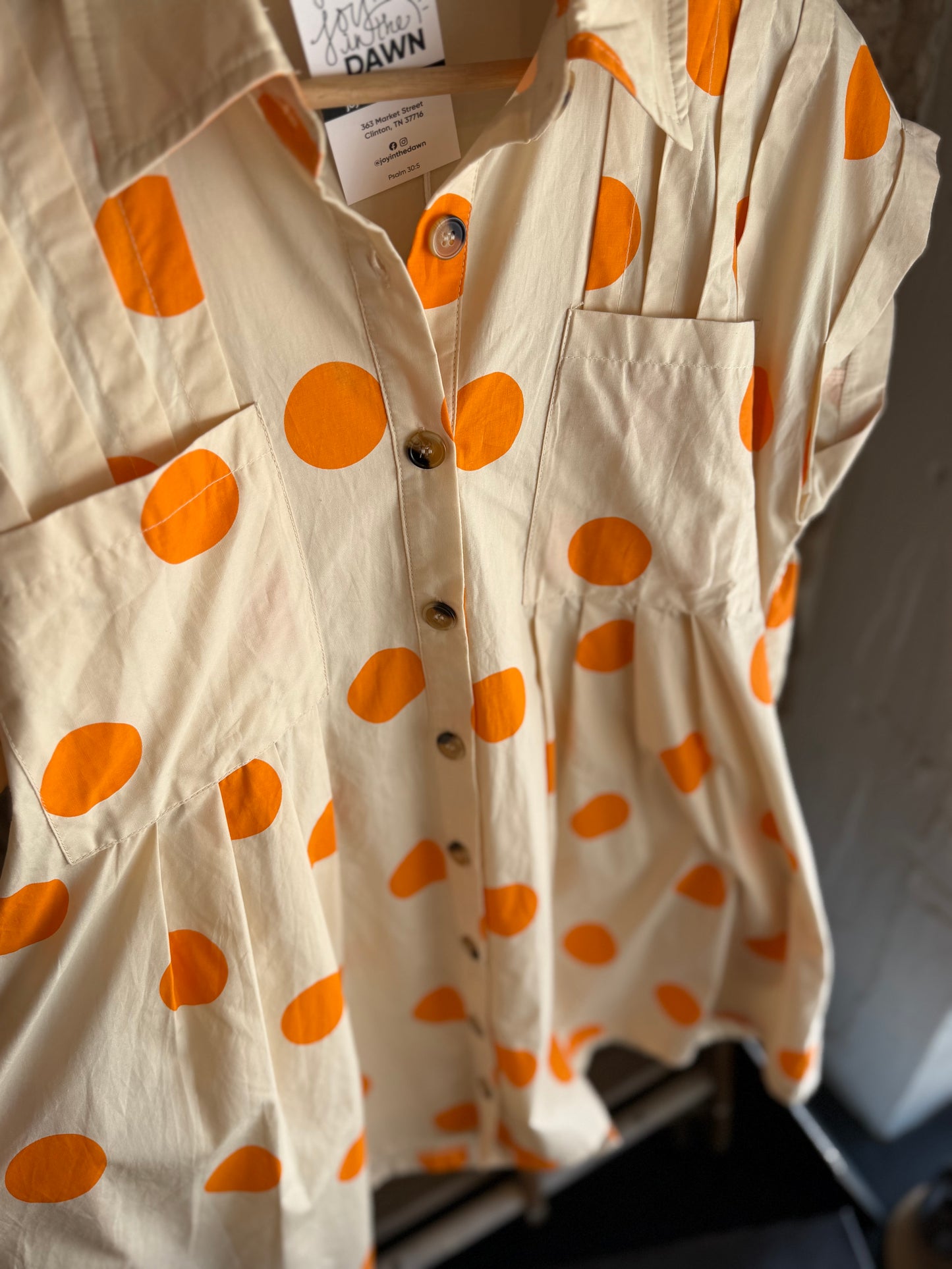 Polka Dot Pleated Dress- Orange/Cream