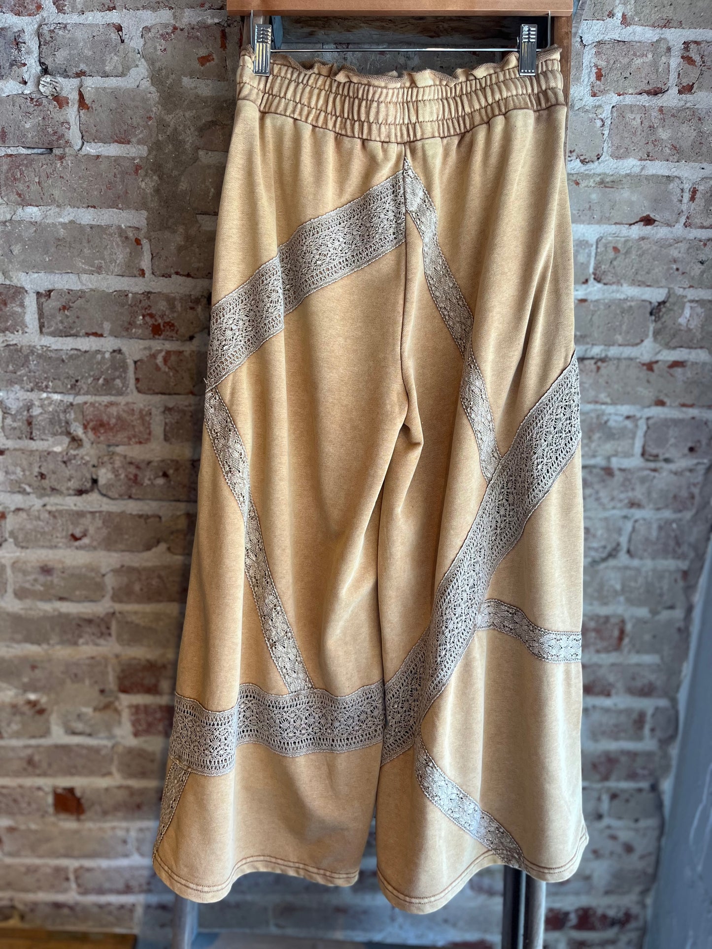 Washed Lace Trim Wide Leg Pants- Coffee