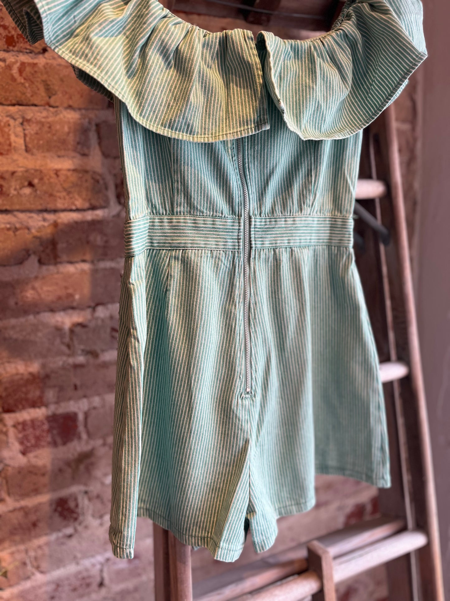 Off Shoulder Striped Green Romper