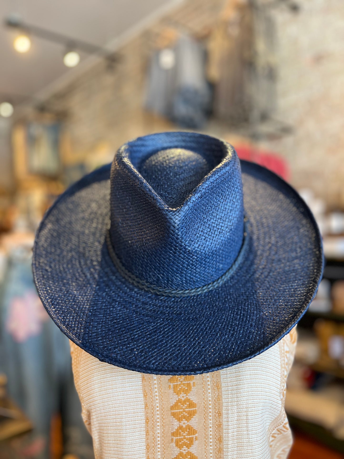 Curled Brim Sun Straw Hat - Navy