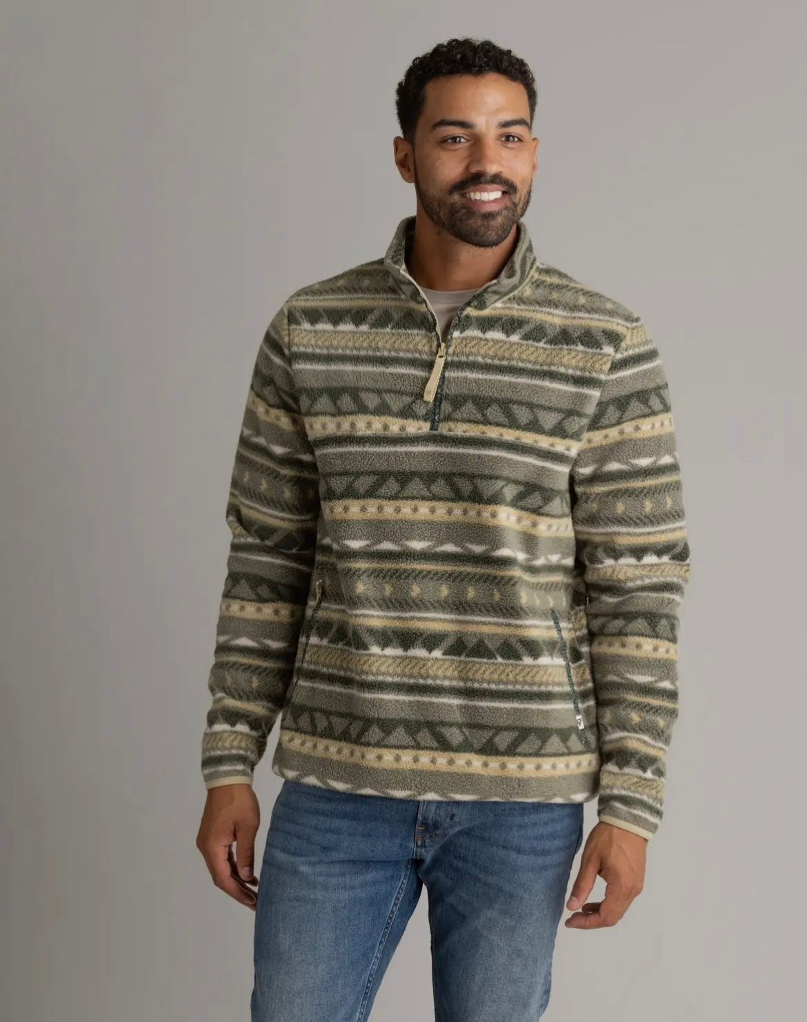 Olive Aztec Fleece Quarter Zip- Men