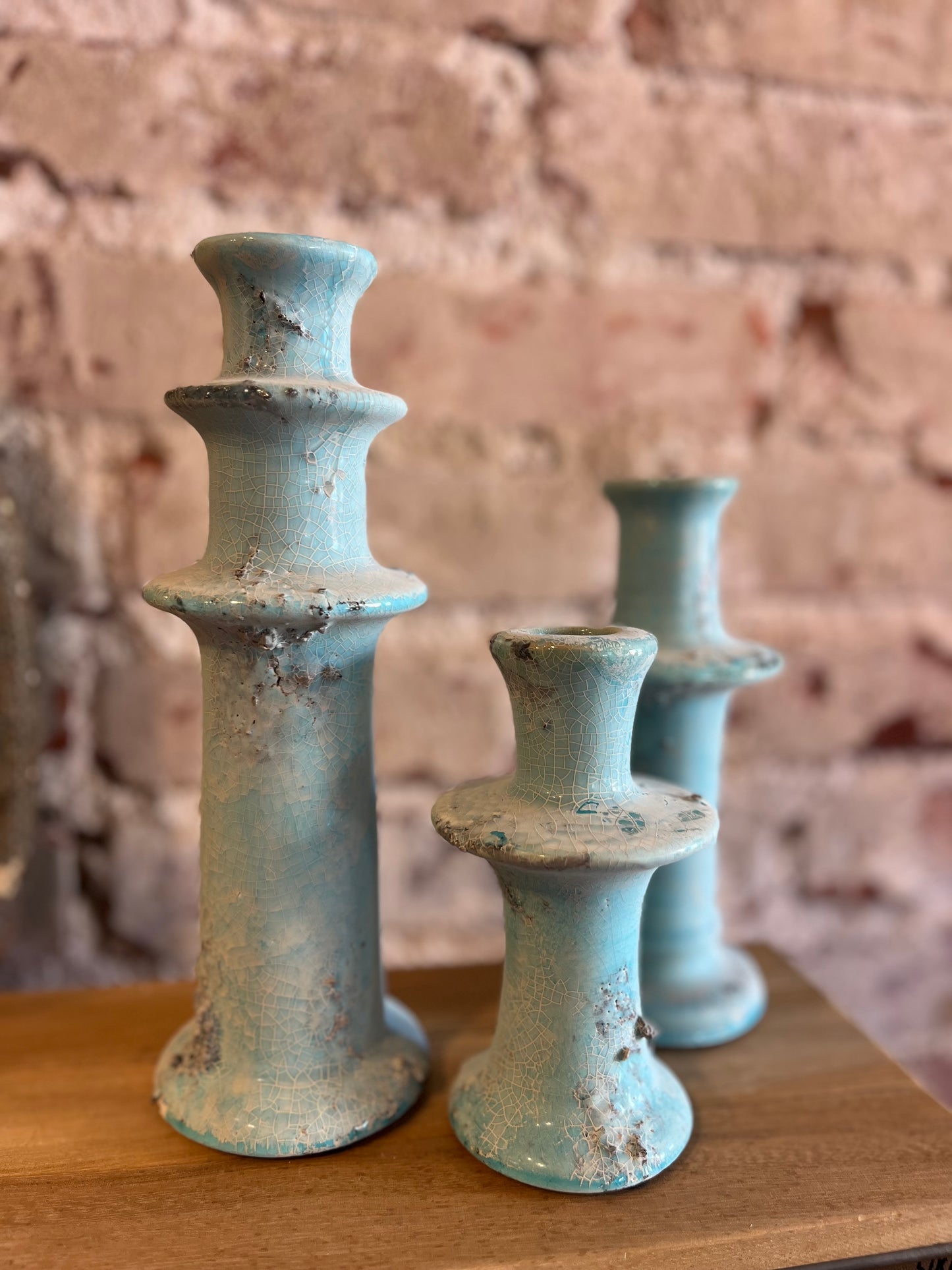 Antique Blue Ceramic Taper Candle Holders - Medium