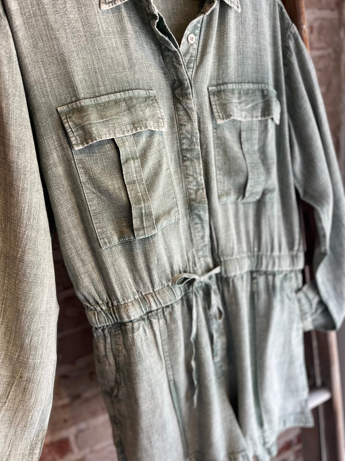 Mineral Wash Linen Romper - Sage