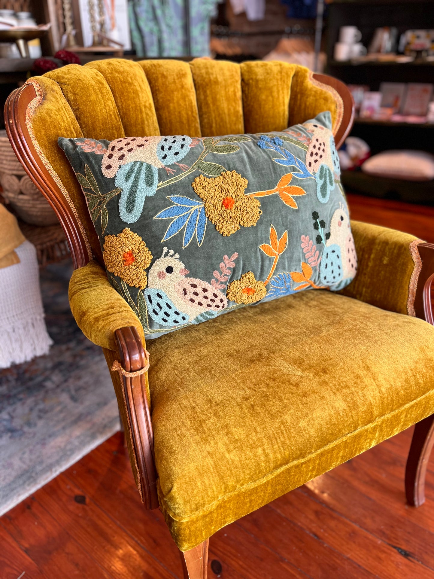 Bird Embroidery Luxe Pillow- Green