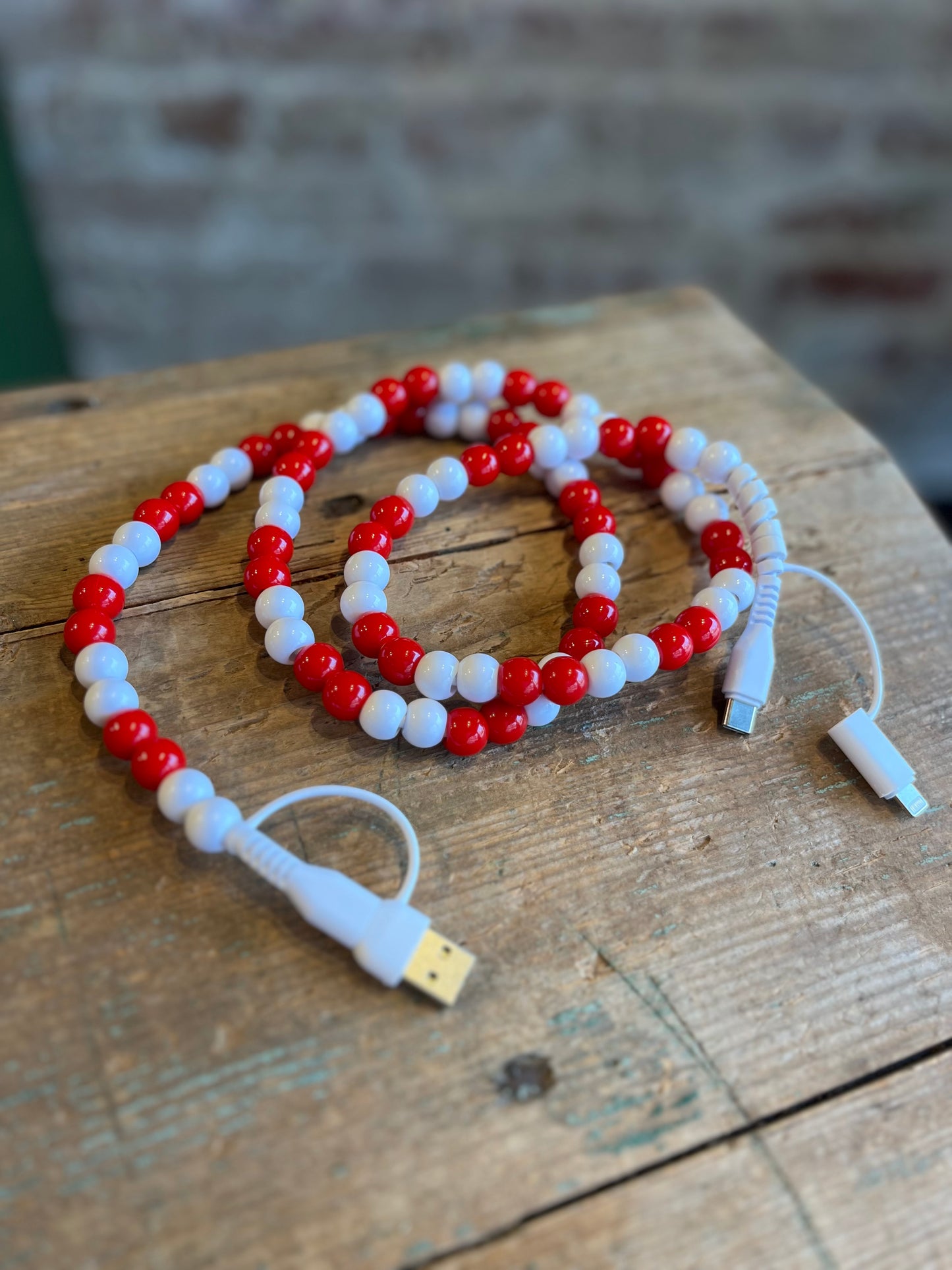 Red + White Beaded Phone Charger