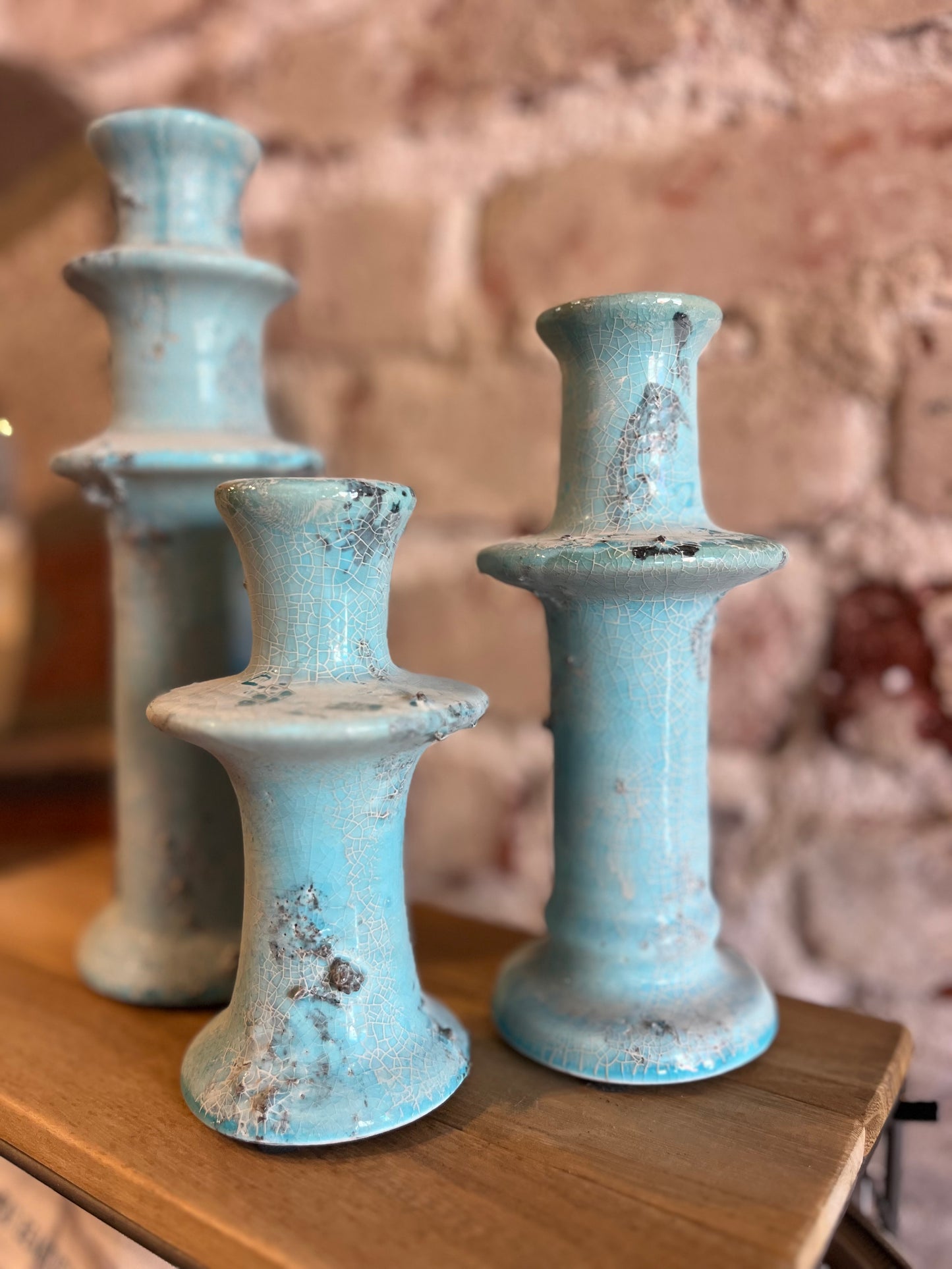 Antique Blue Ceramic Taper Candle Holder - Large