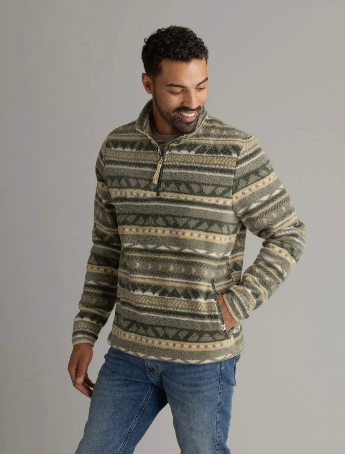 Olive Aztec Fleece Quarter Zip- Men