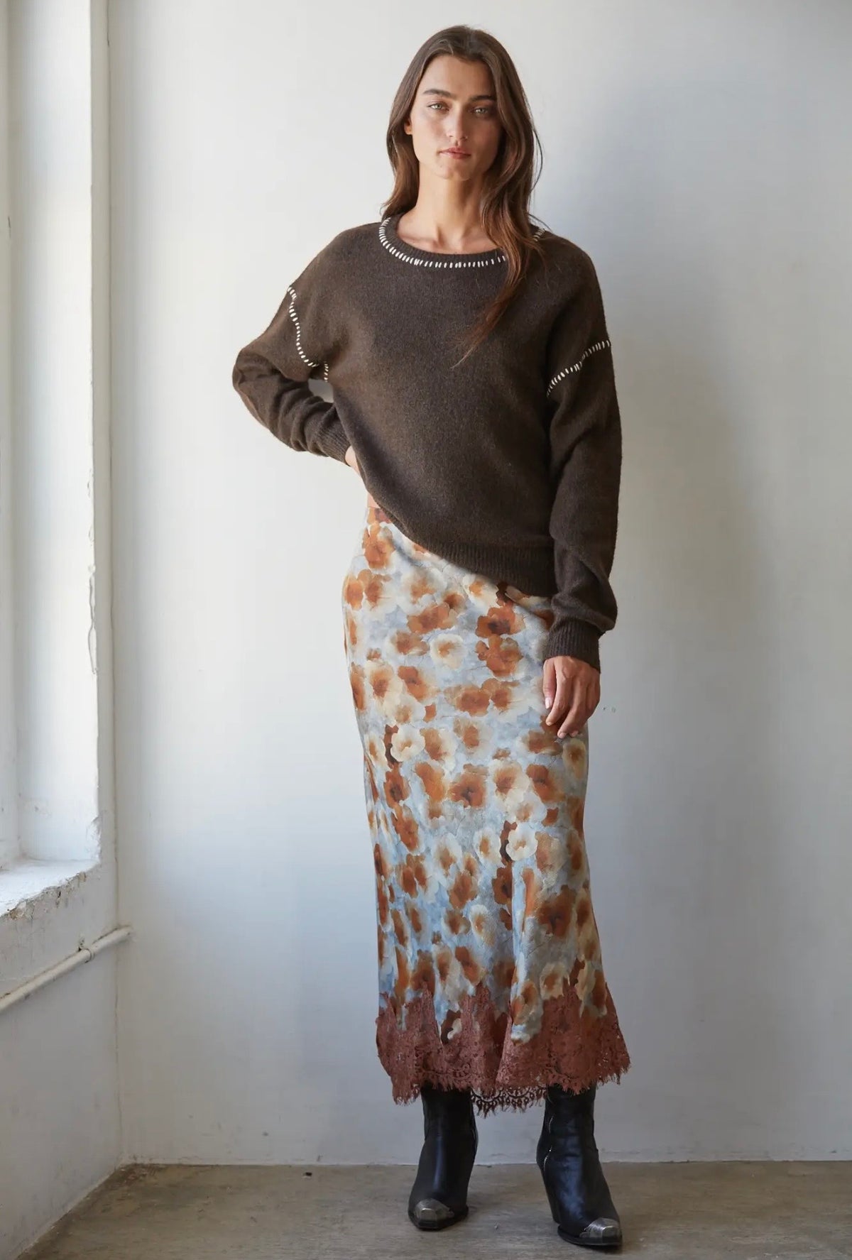 Woven Floral Pencil Midi Skirt