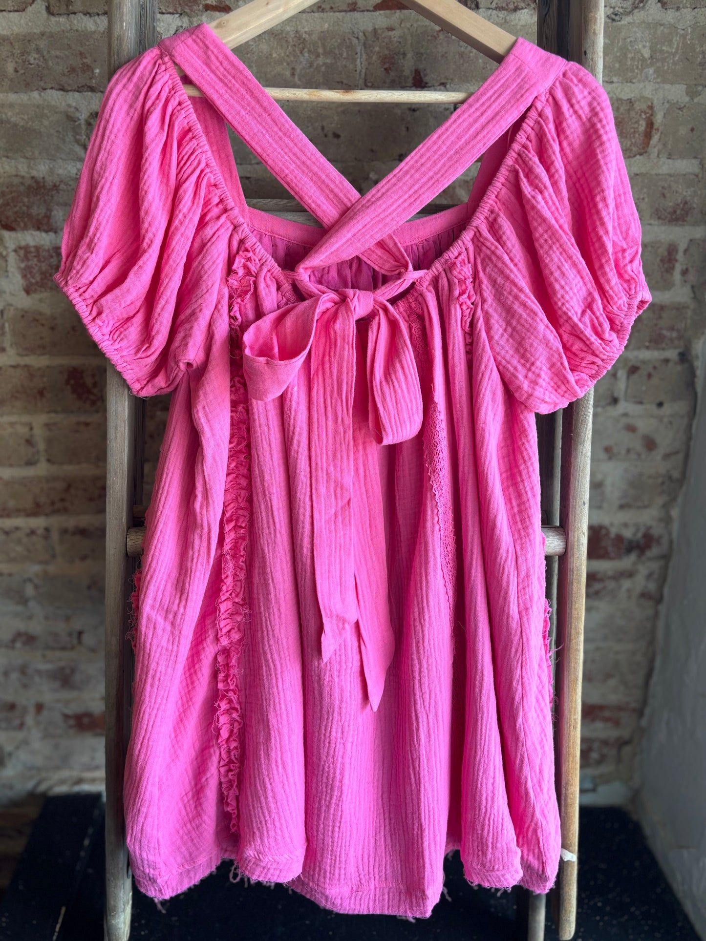 Tie Back Babydoll Mini Dress - Hot Pink