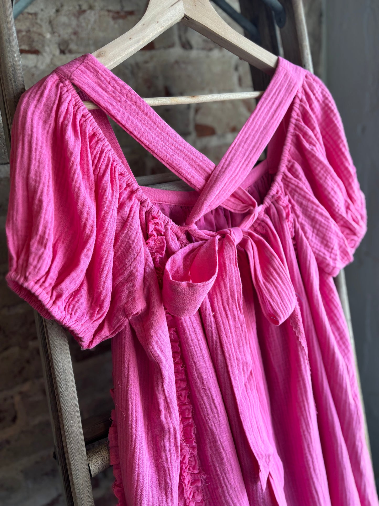 Tie Back Babydoll Mini Dress - Hot Pink