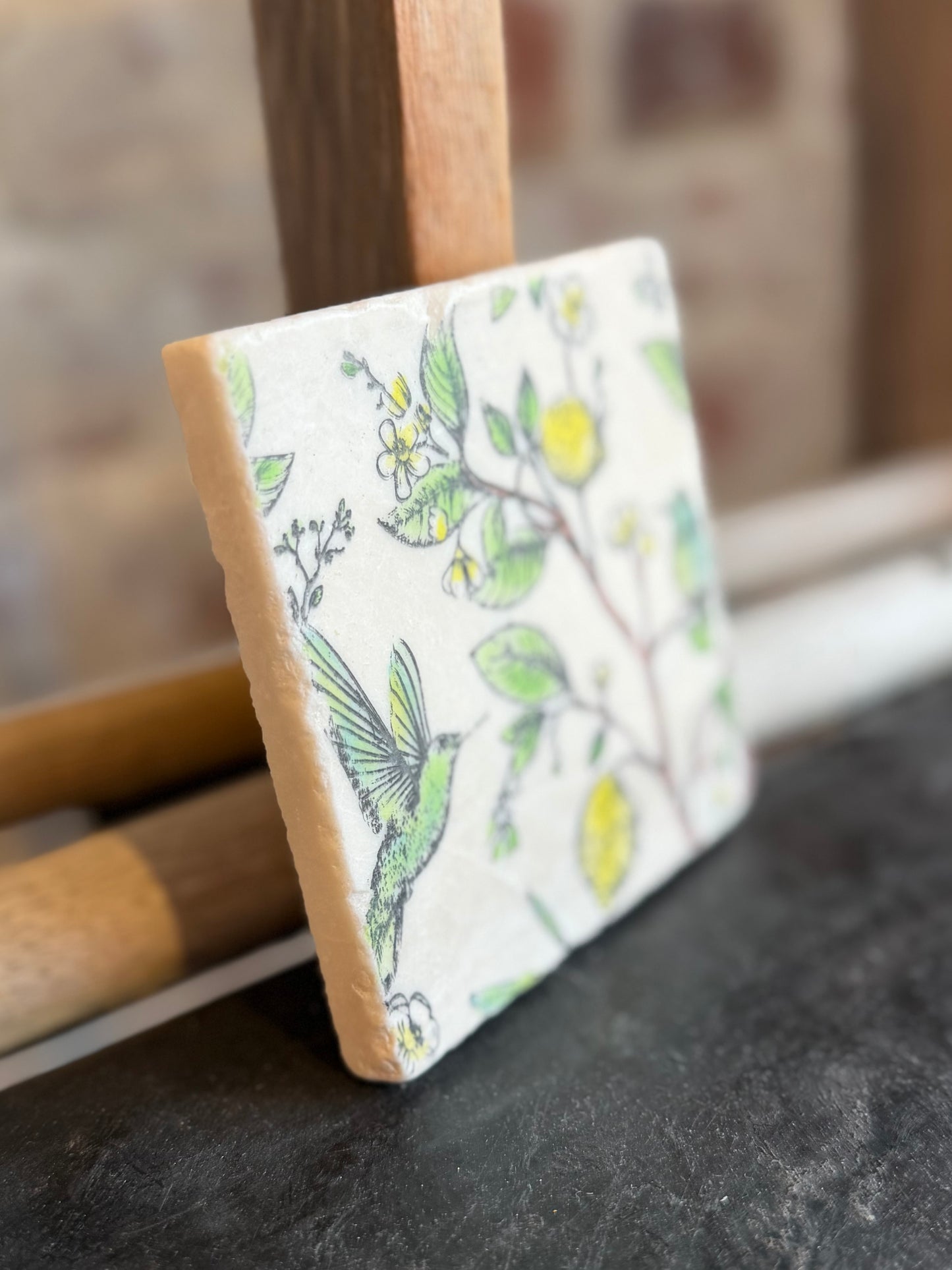 Chinoiserie Lemon and Hummingbird Marble Coaster
