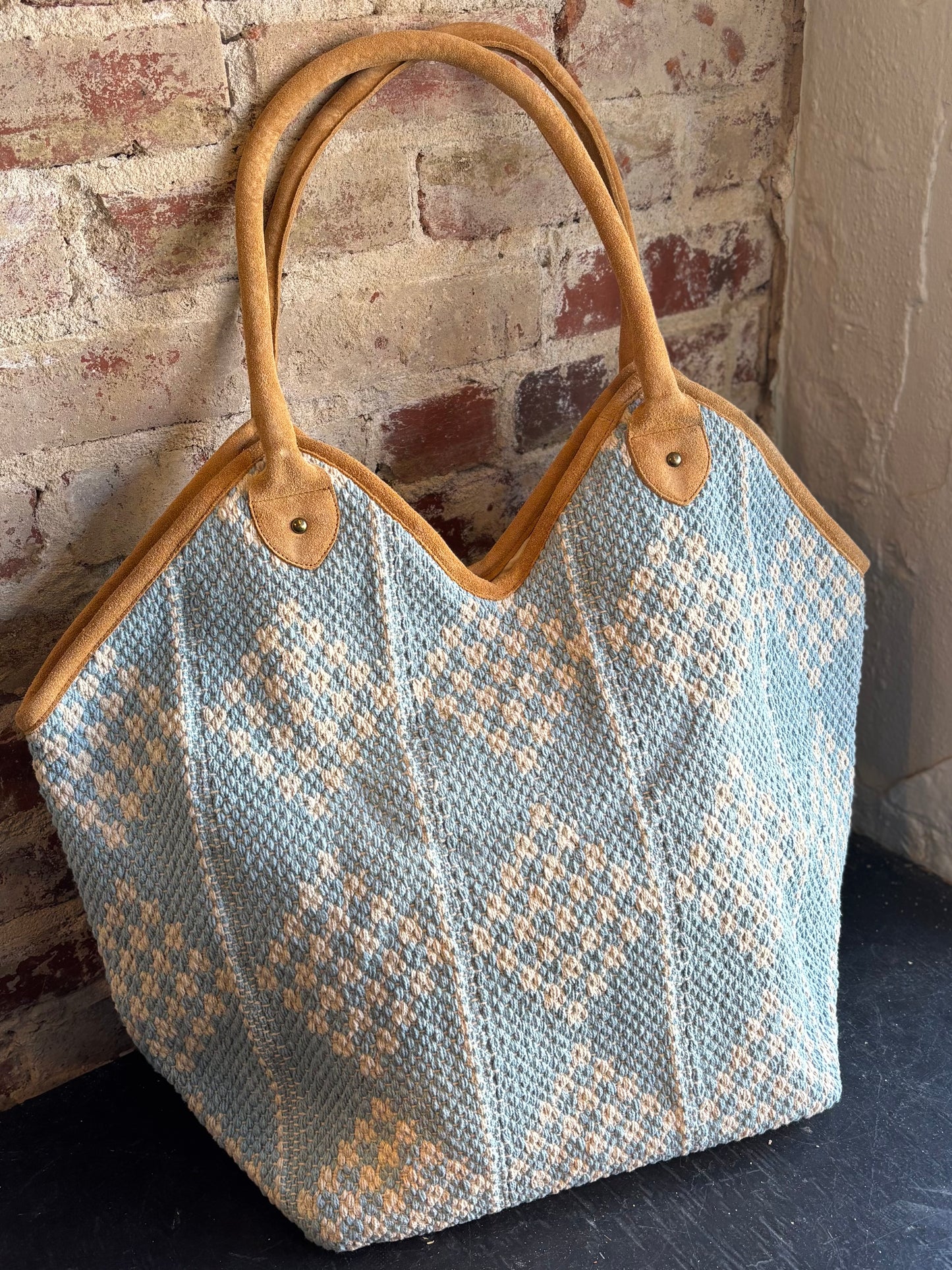 Woven Diamond Tote- Light Blue