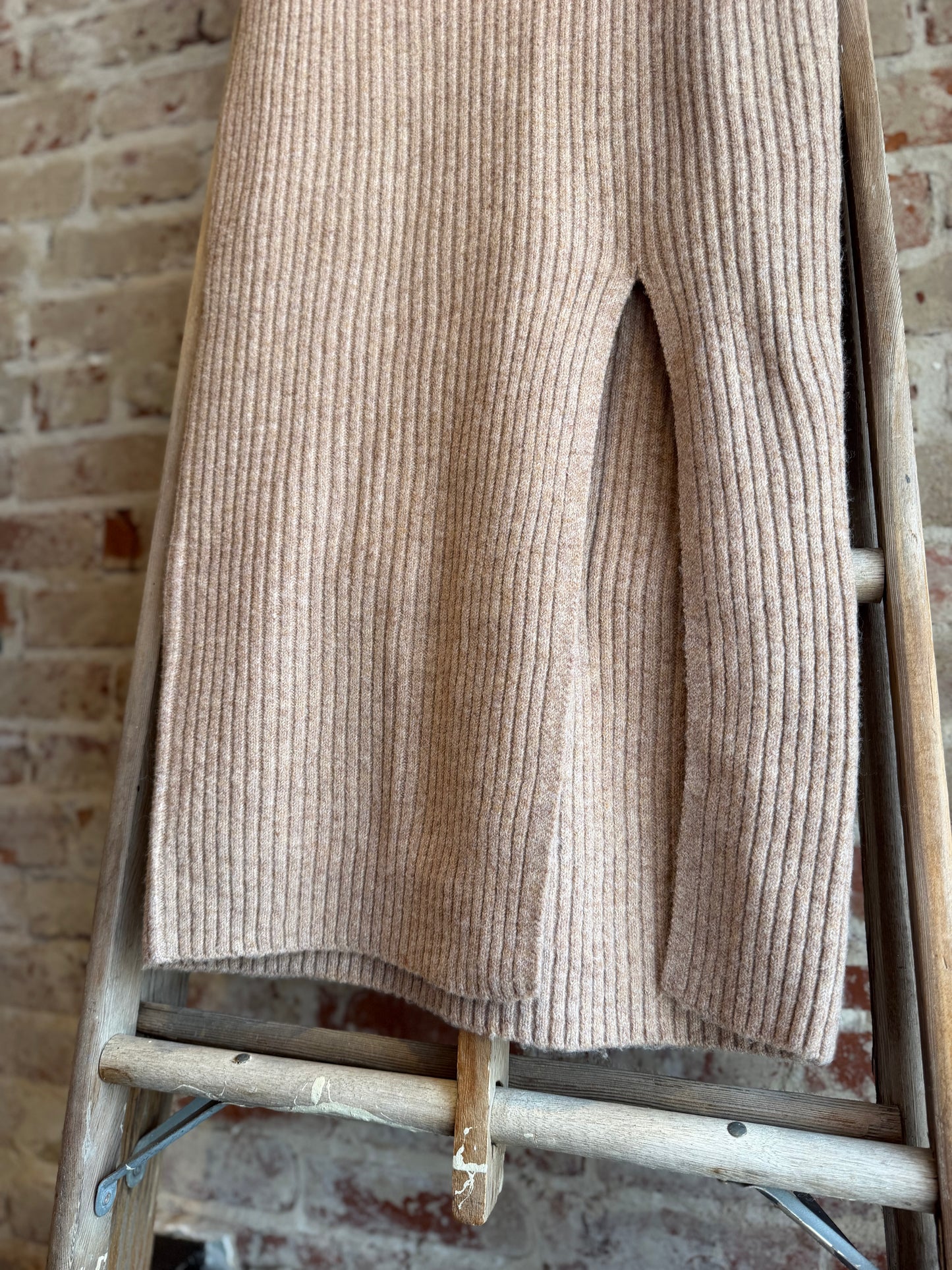 Off Shoulder Midi Sweater Slit Dress- Latte