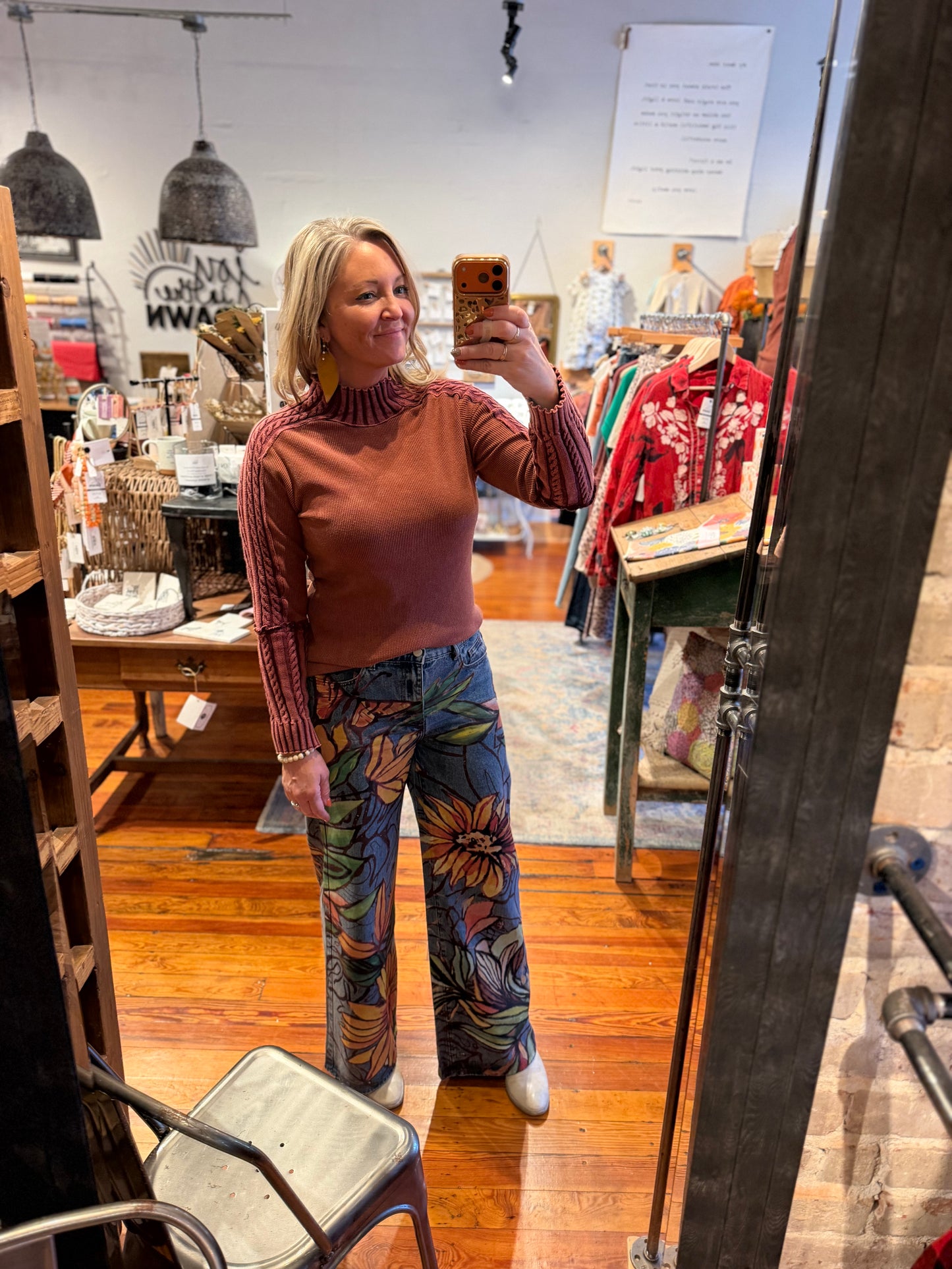 Rust Mock Neck Mixed Media Top
