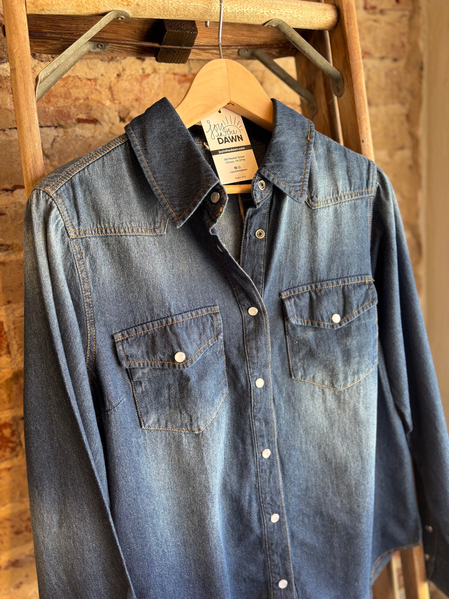 Western Washed Denim Button Snap Top - Blue