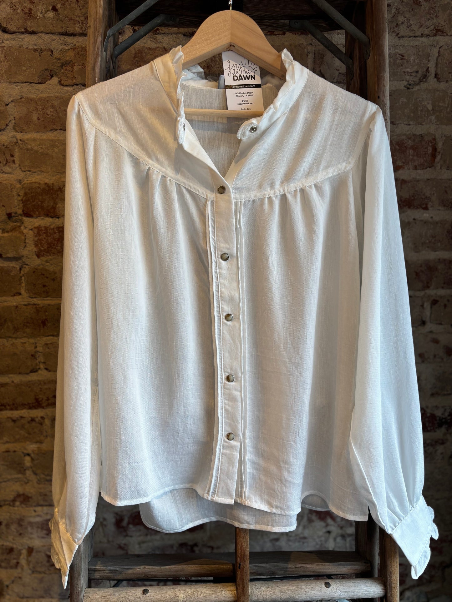 Ruffle Neck Denim Button Snap Top - Off White