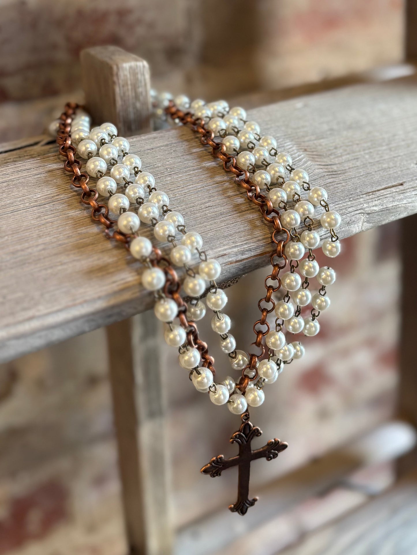 Pearl and Copper Cross Collar Necklace