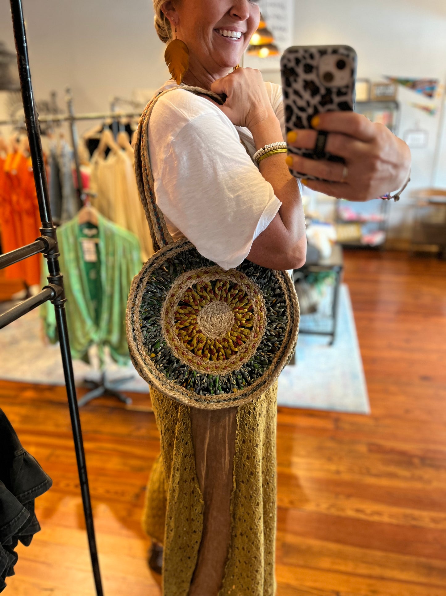 Round Sari Jute Shoulder Bag- Yellow