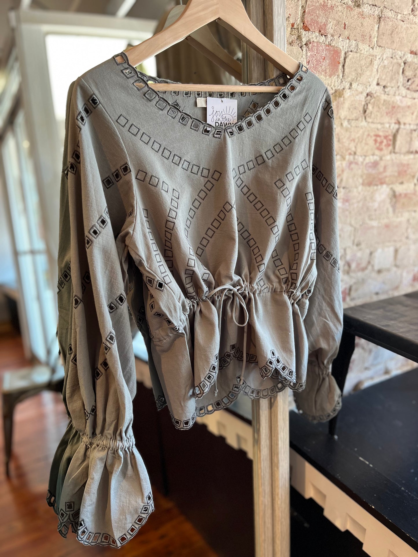 Embroidered Scallop Sage Blouse