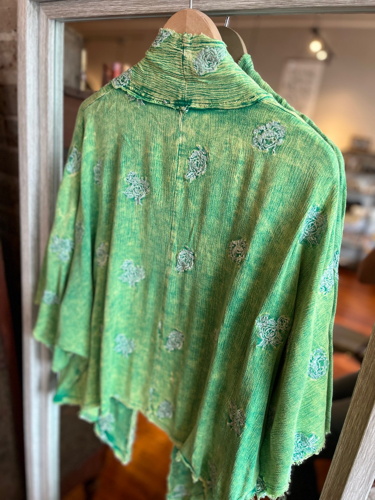 Flower Embroidered Duster- Grass Green