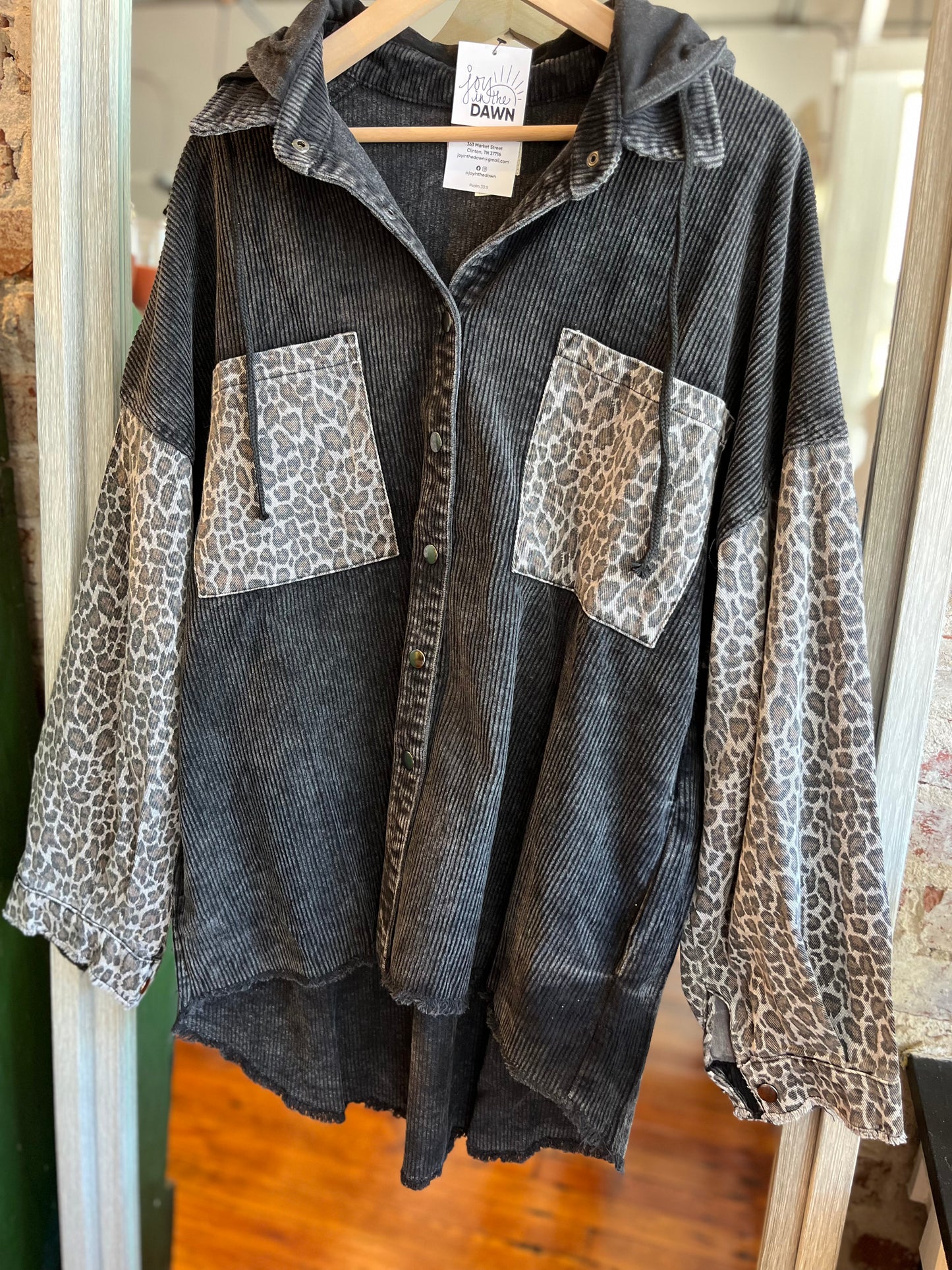 Leopard Corduroy Shacket Hoodie