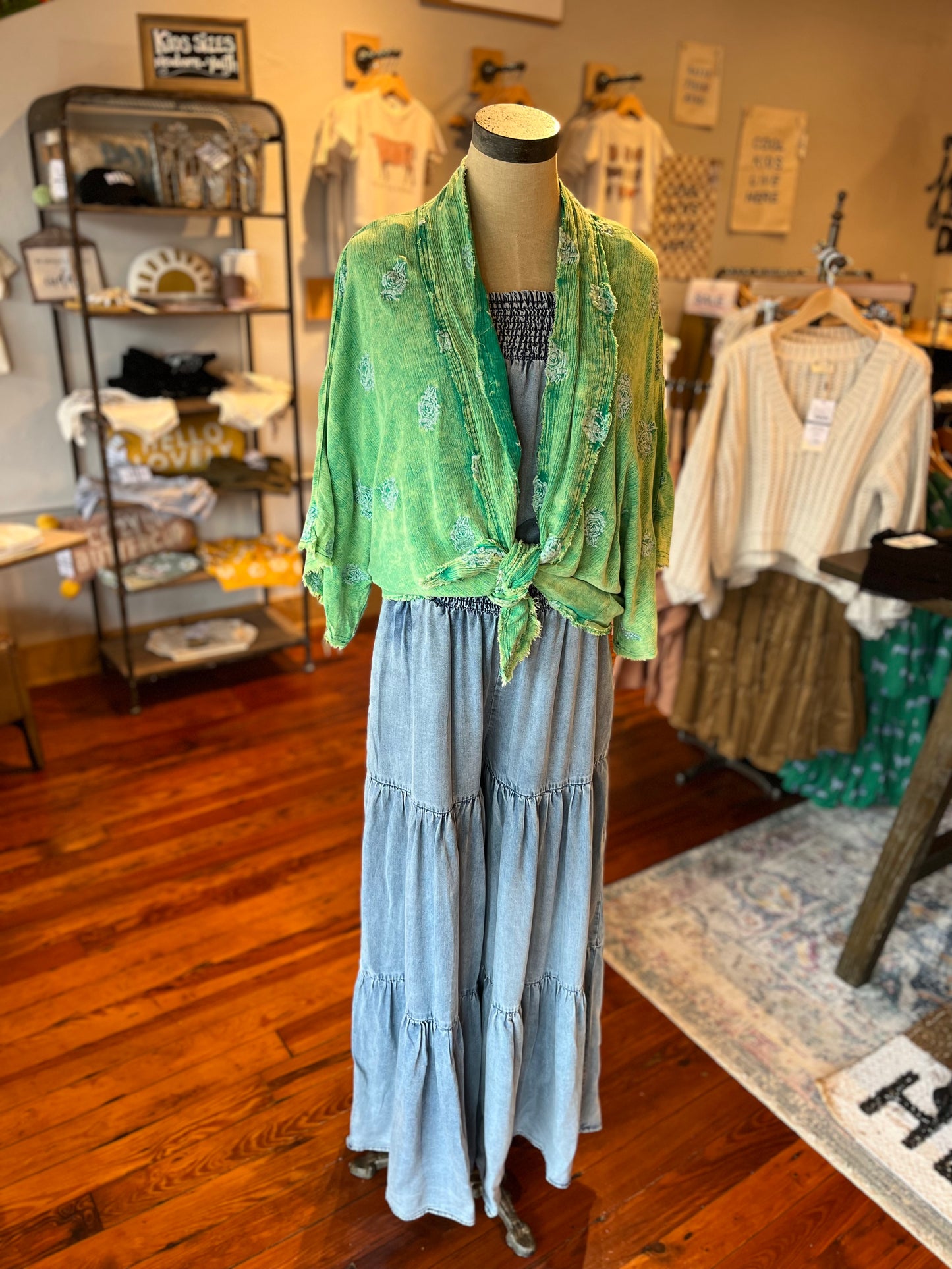 Flower Embroidered Duster- Grass Green