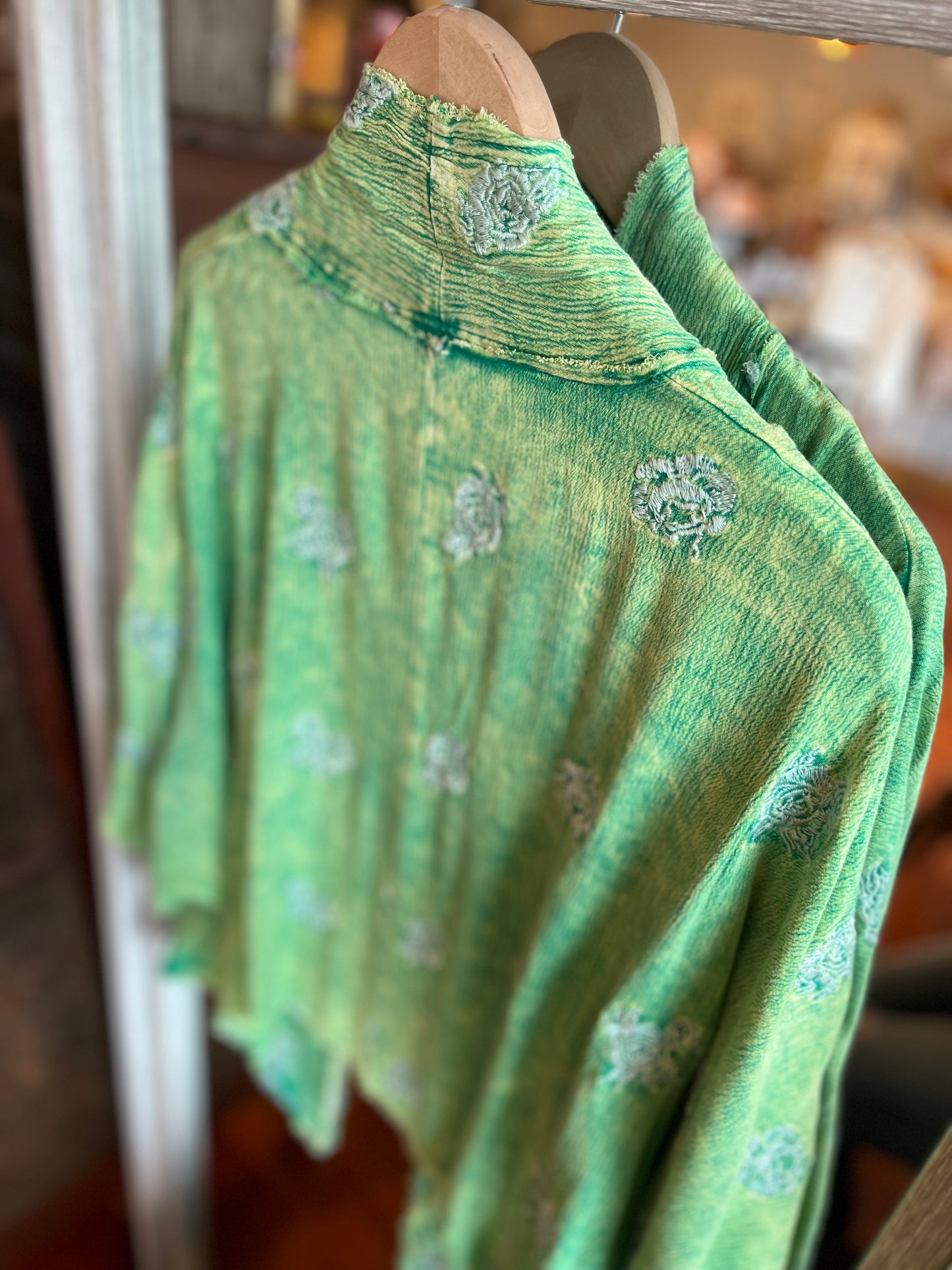 Flower Embroidered Duster- Grass Green