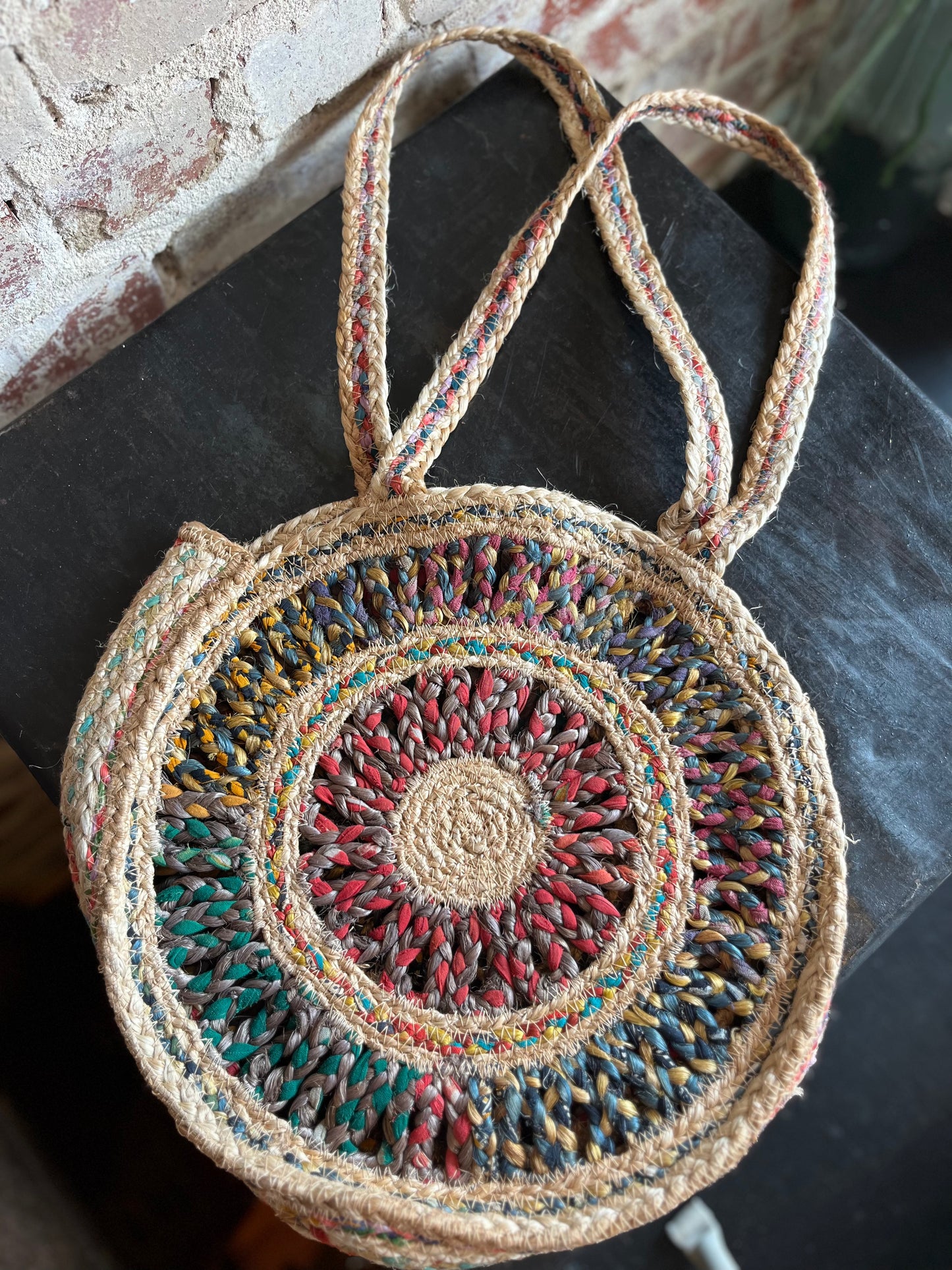 Round Sari Jute Shoulder Bag- Blue
