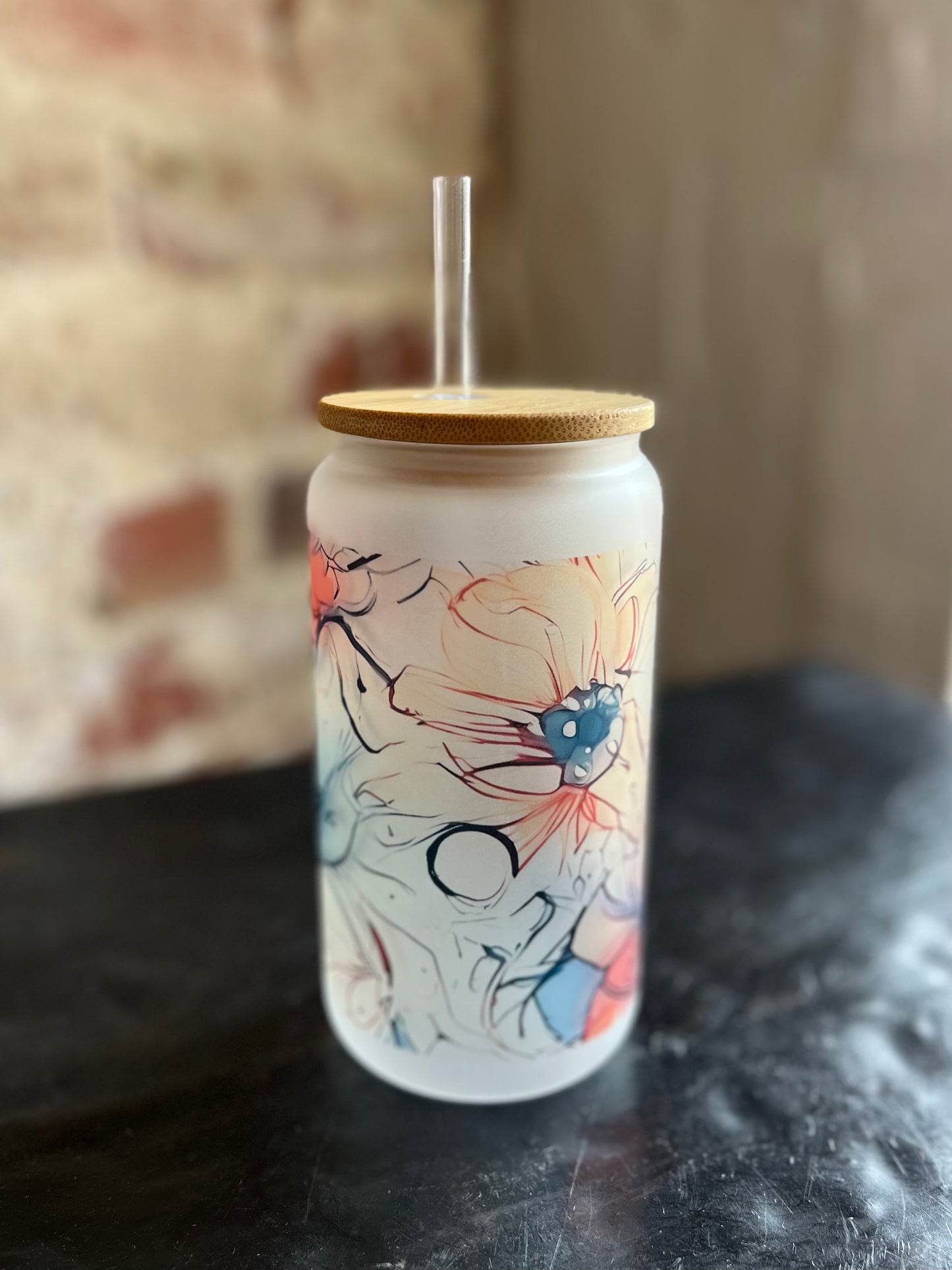 Floral Can Glass w/ Bamboo Lid