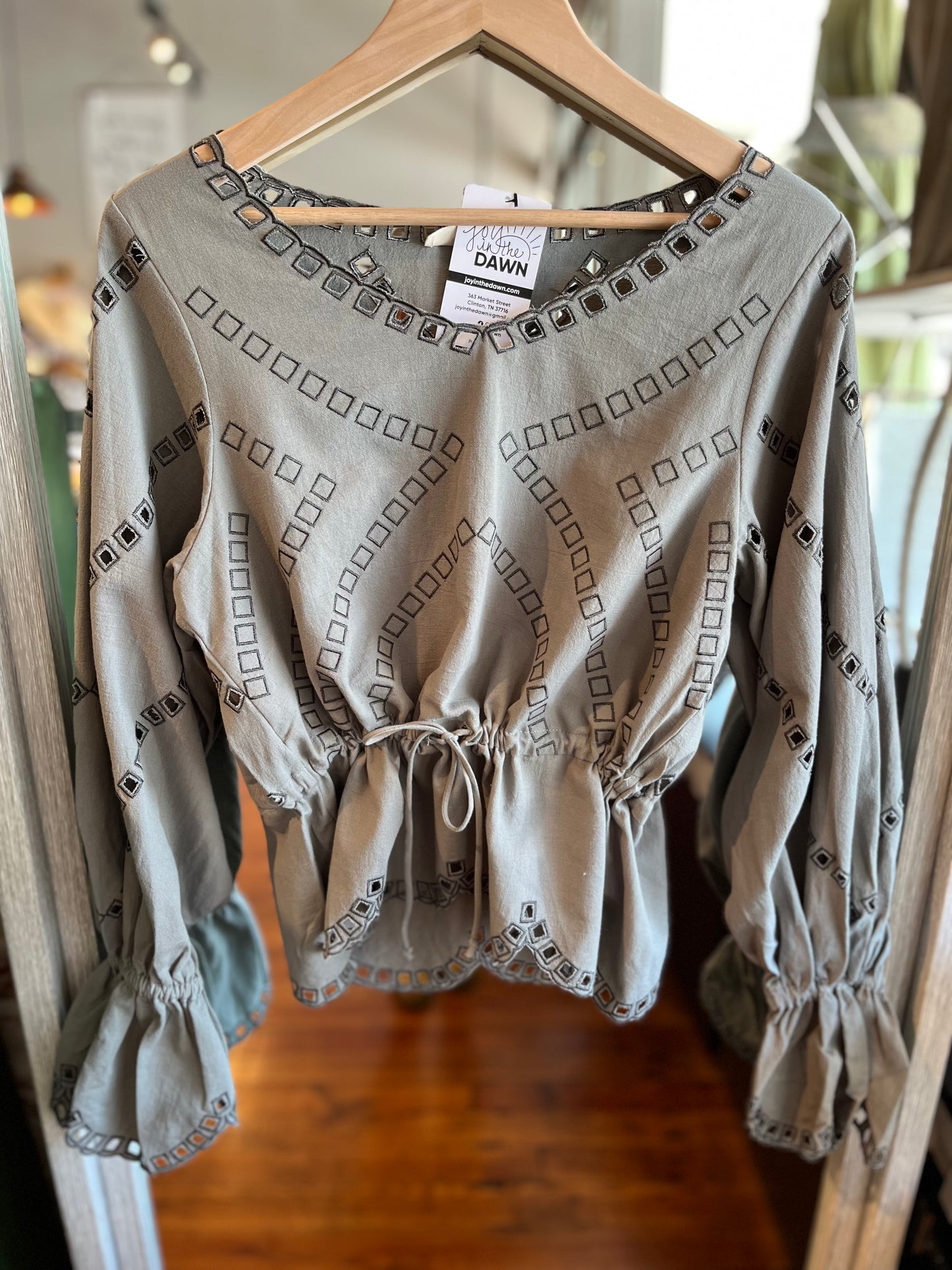 Embroidered Scallop Sage Blouse