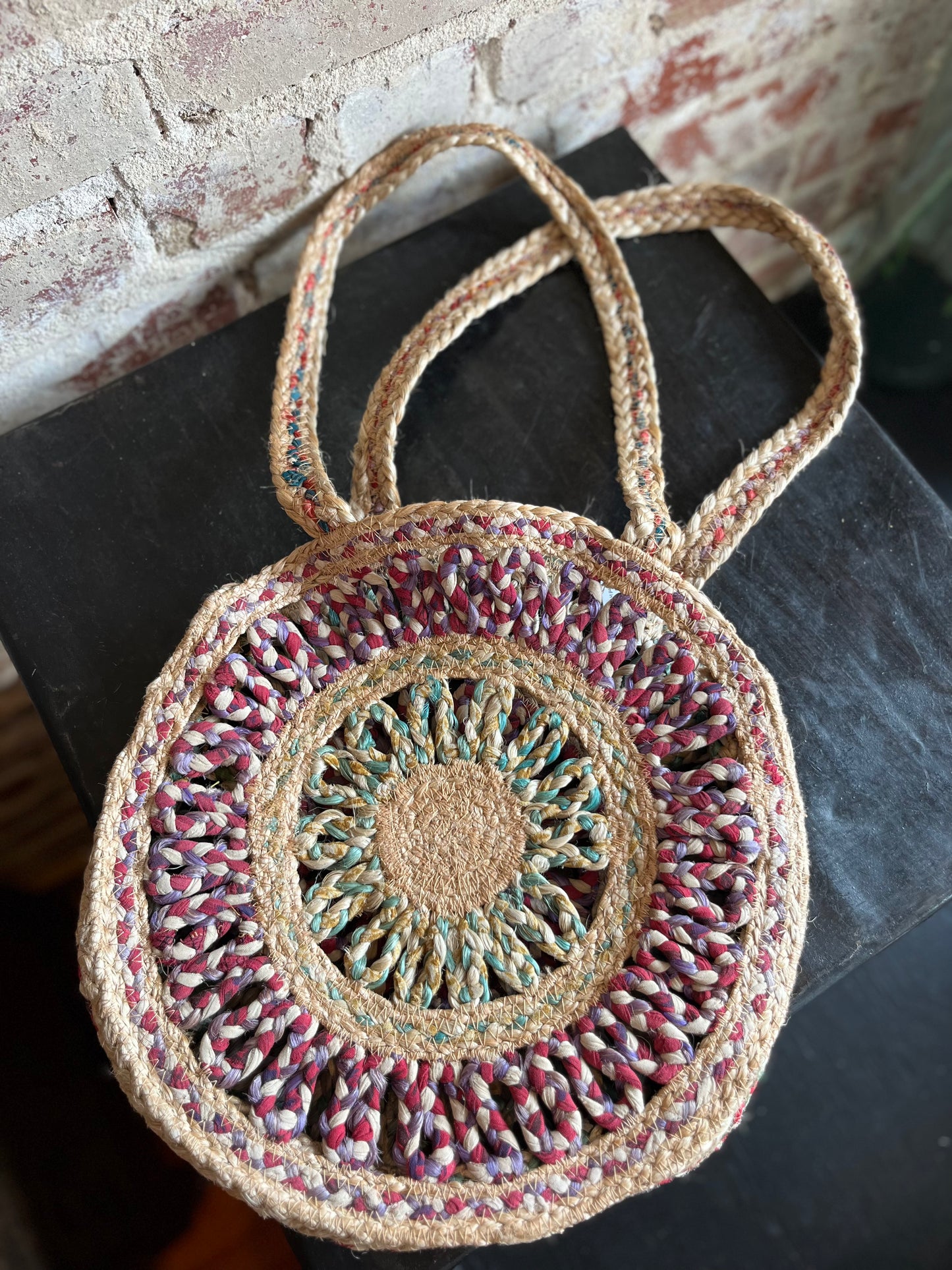 Round Sari Jute Shoulder Bag- Purple