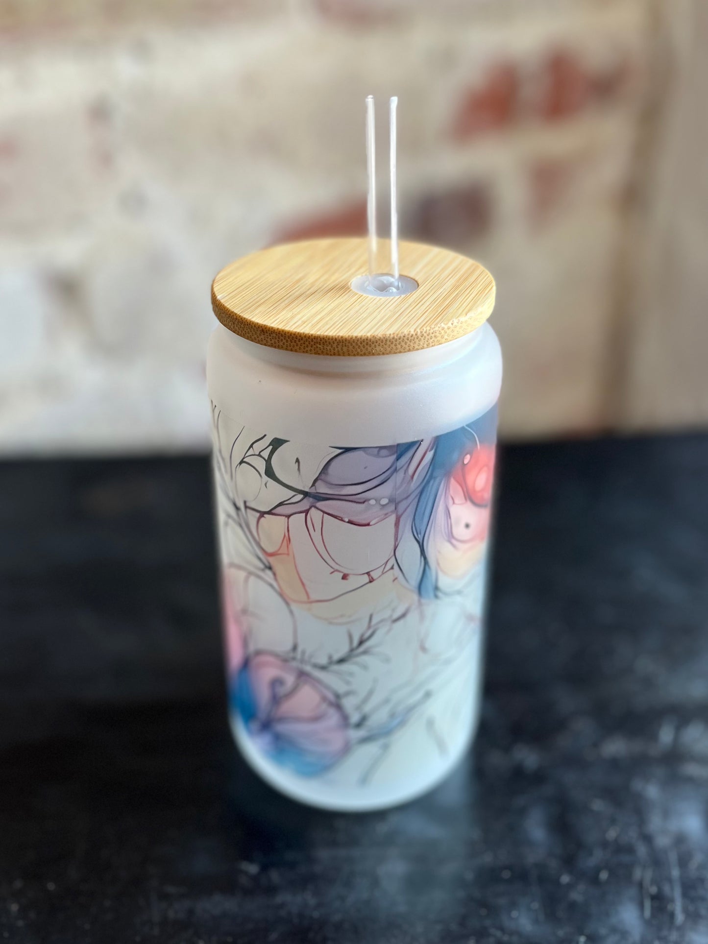 Floral Can Glass w/ Bamboo Lid