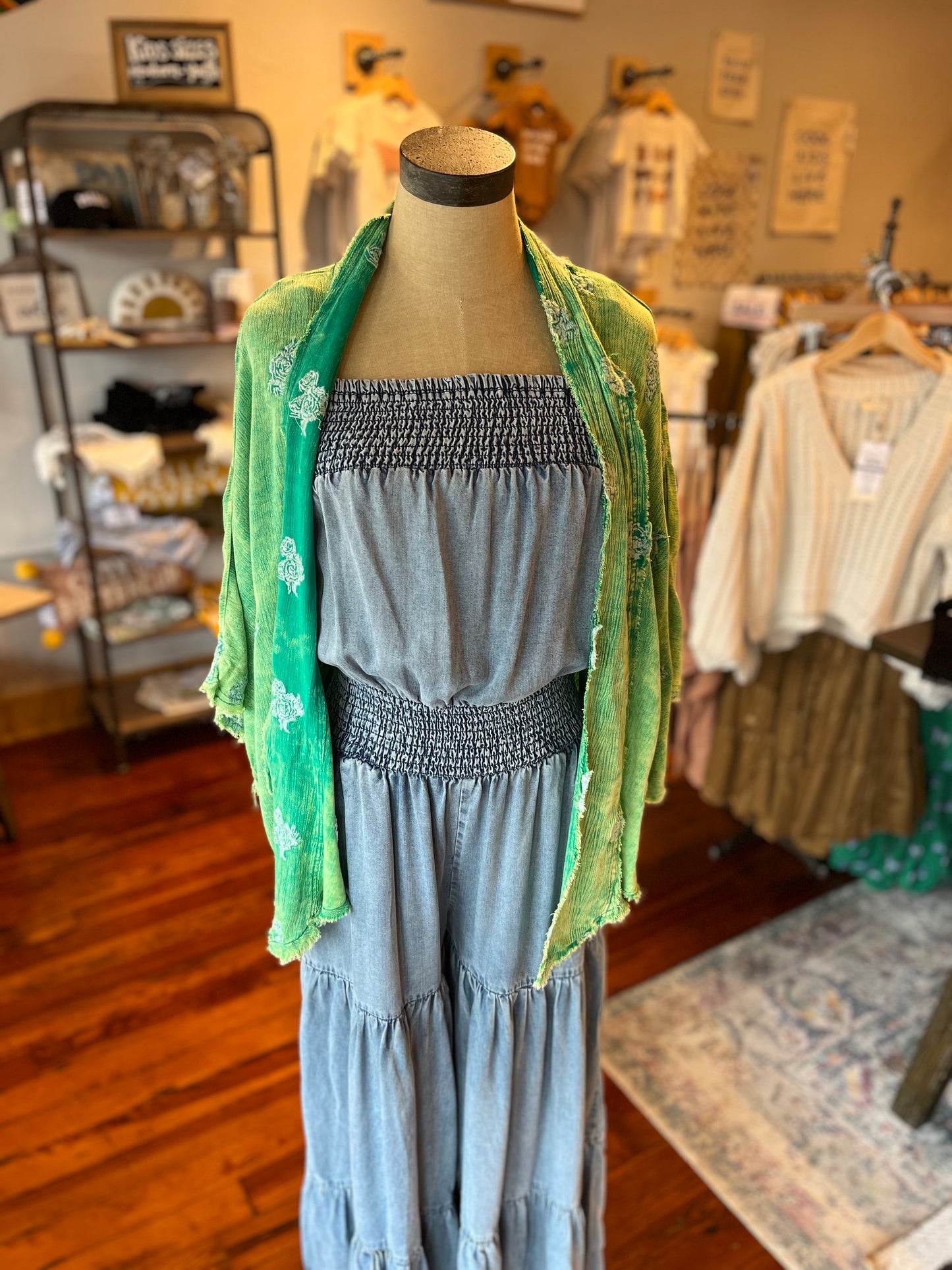 Flower Embroidered Duster- Grass Green
