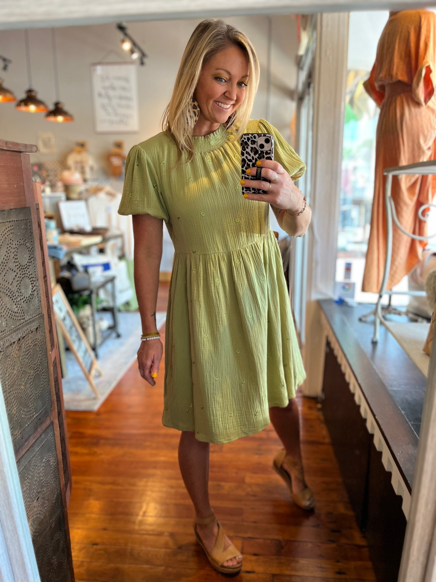 Floral Puff Sleeve Dress - Green