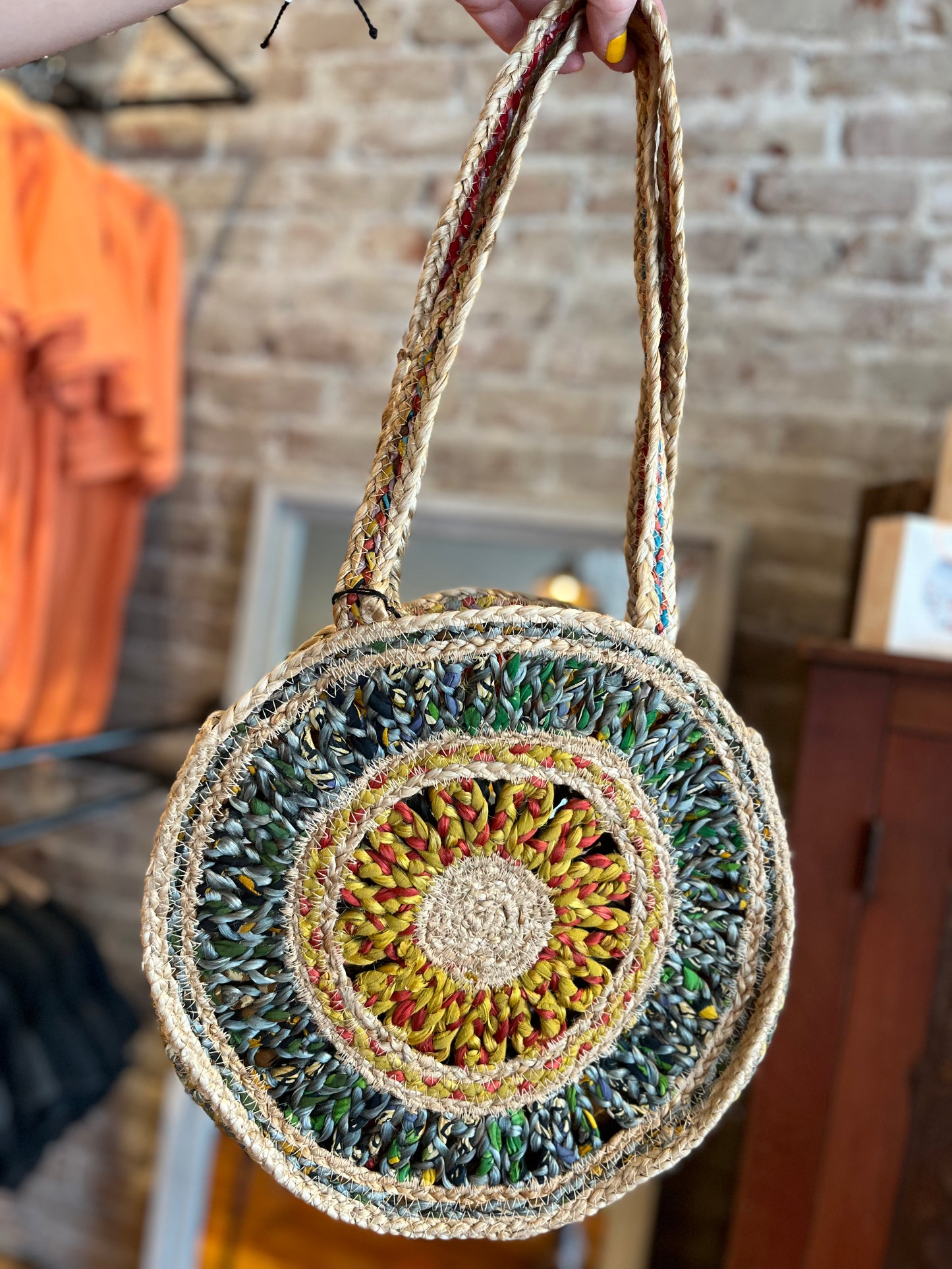 Round Sari Jute Shoulder Bag- Yellow