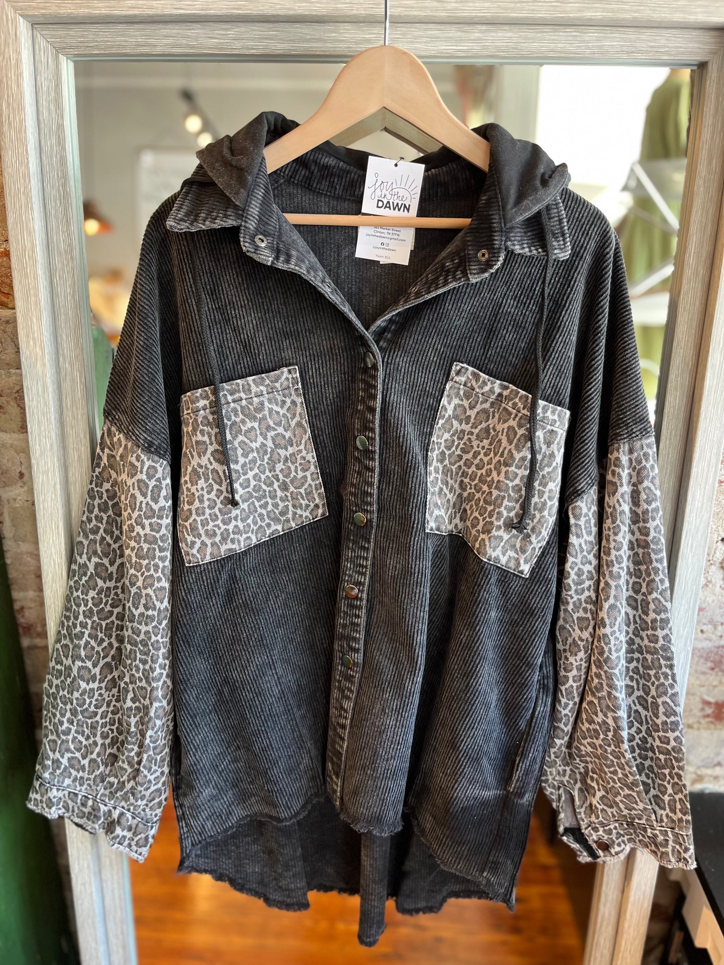 Leopard Corduroy Shacket Hoodie