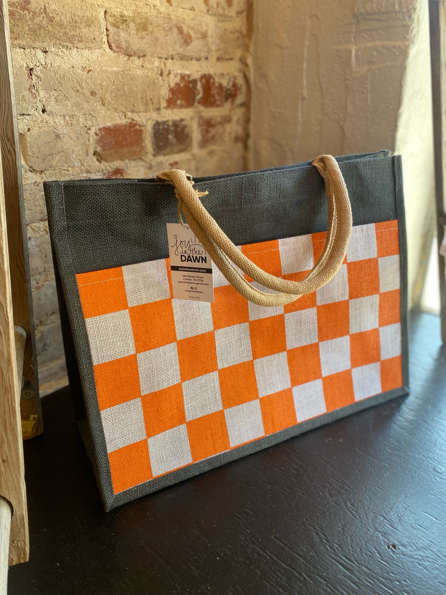 Checkerboard Jute Tote Bag