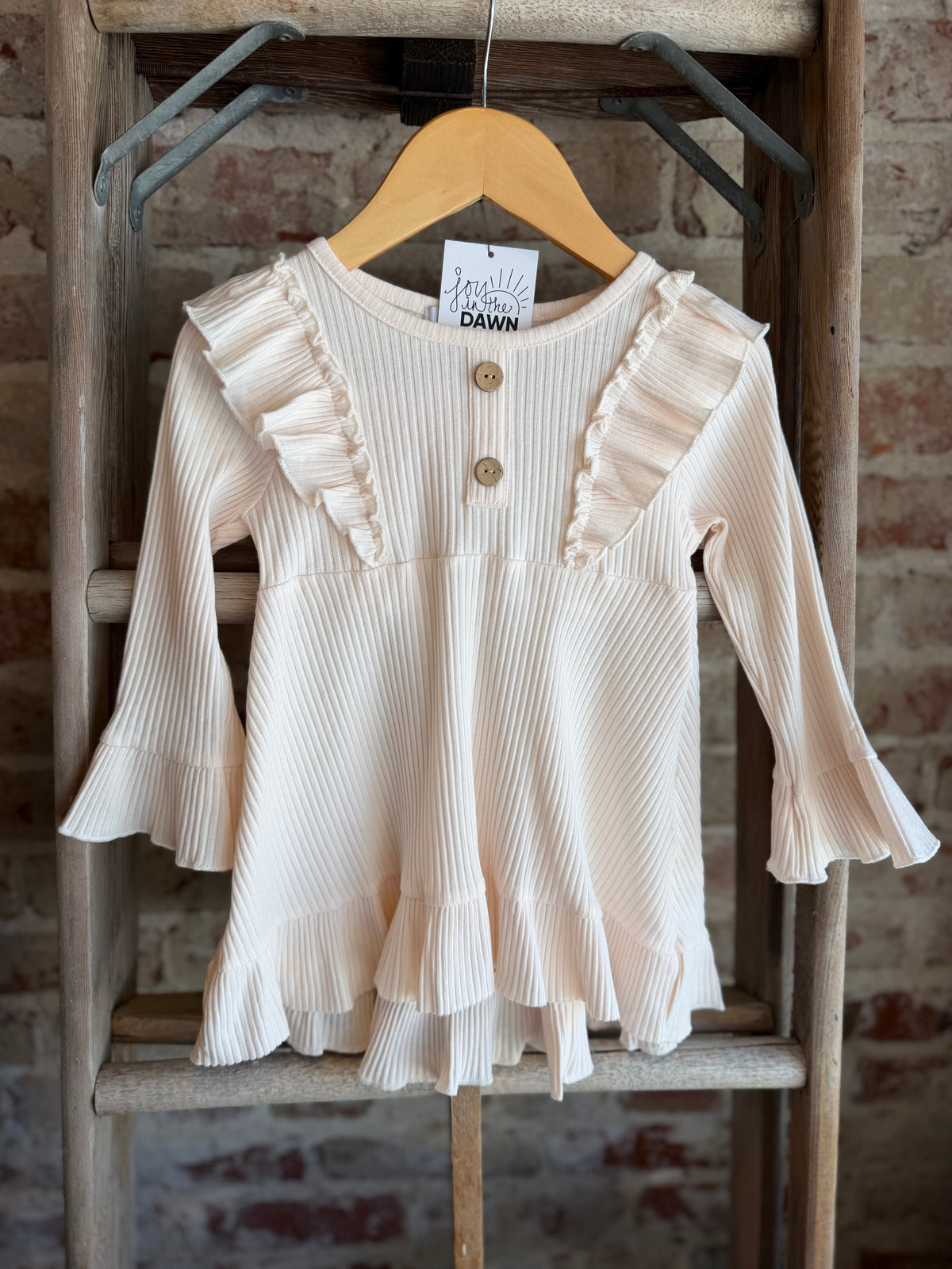 Ribbed Long Sleeve Ruffle Tunic -Cream