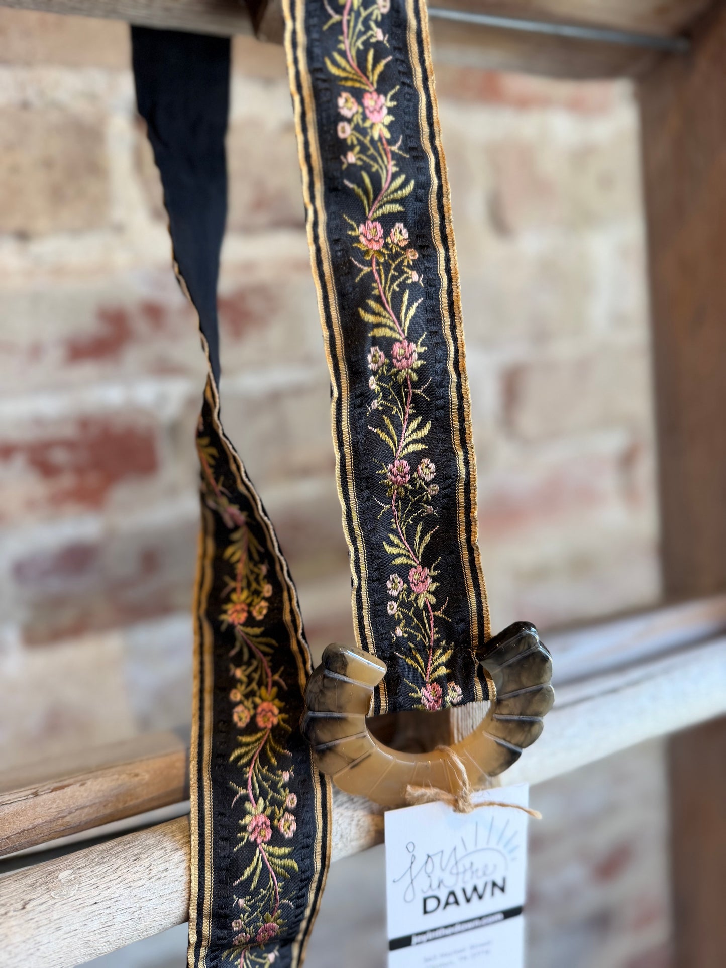 Floral Embroidered Tortoise Buckle Belt - Black