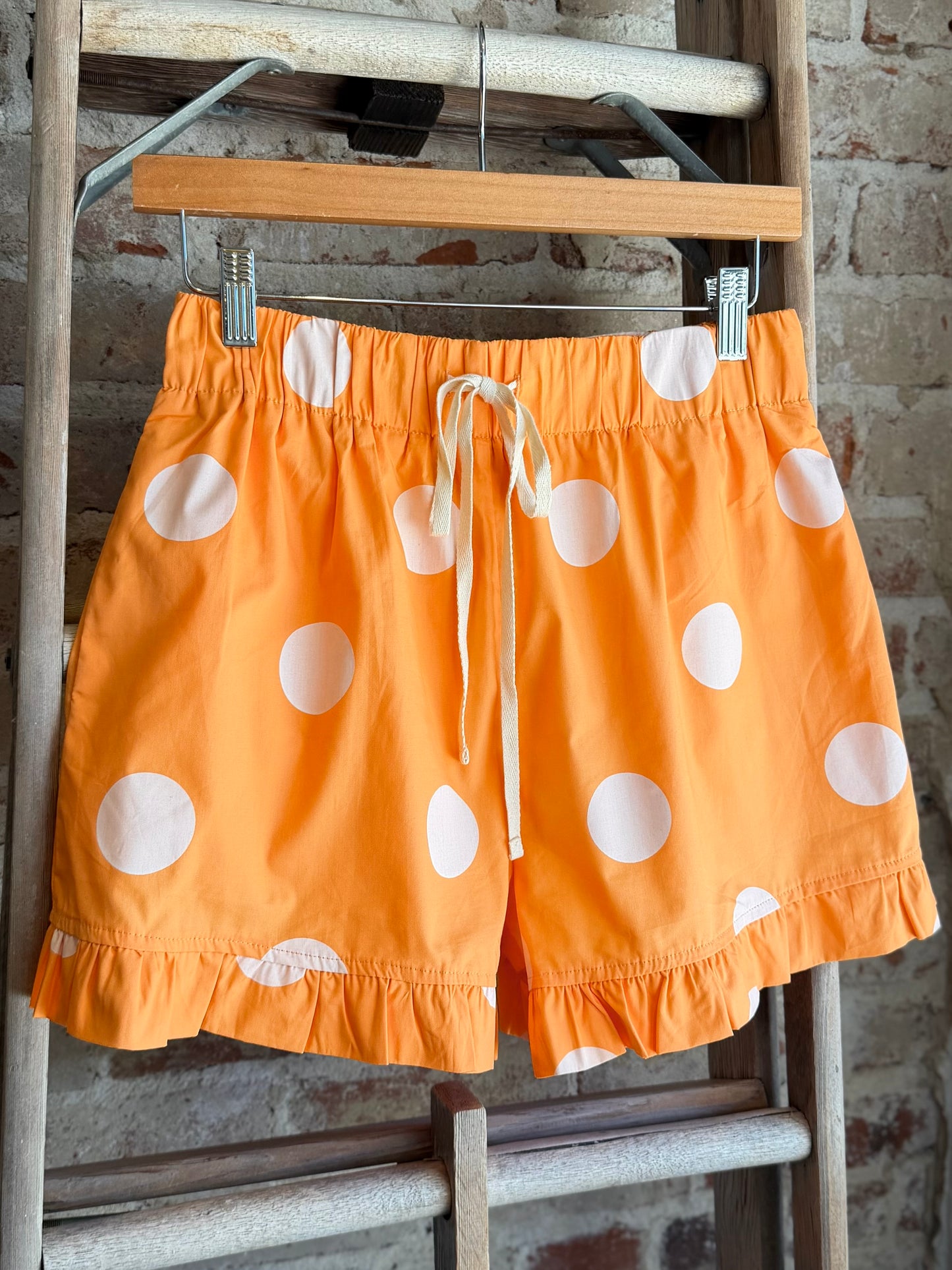 Orange+White Polka Dot Ruffle Shorts