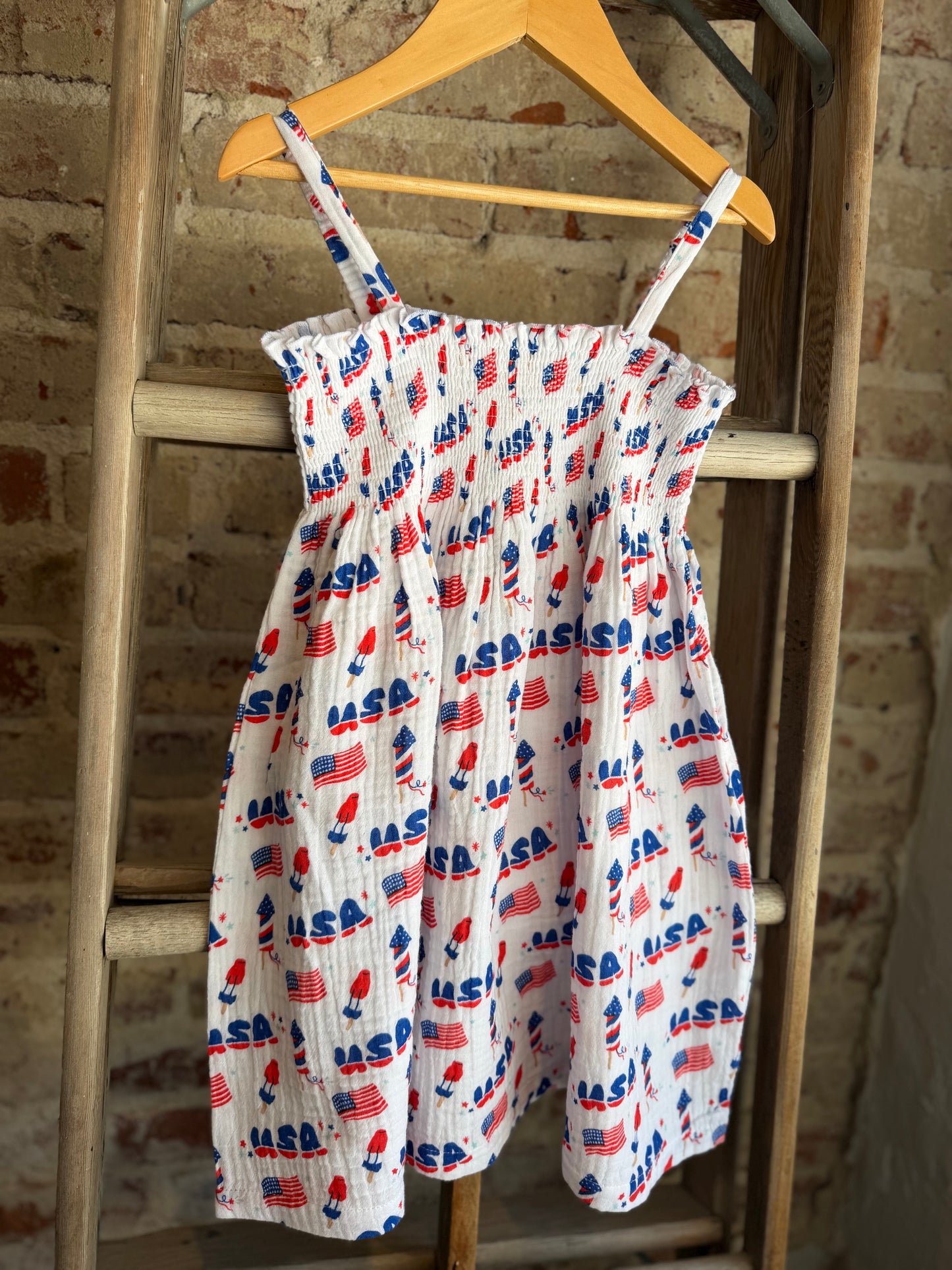 Retro Americana Muslin Smocked Dress-White