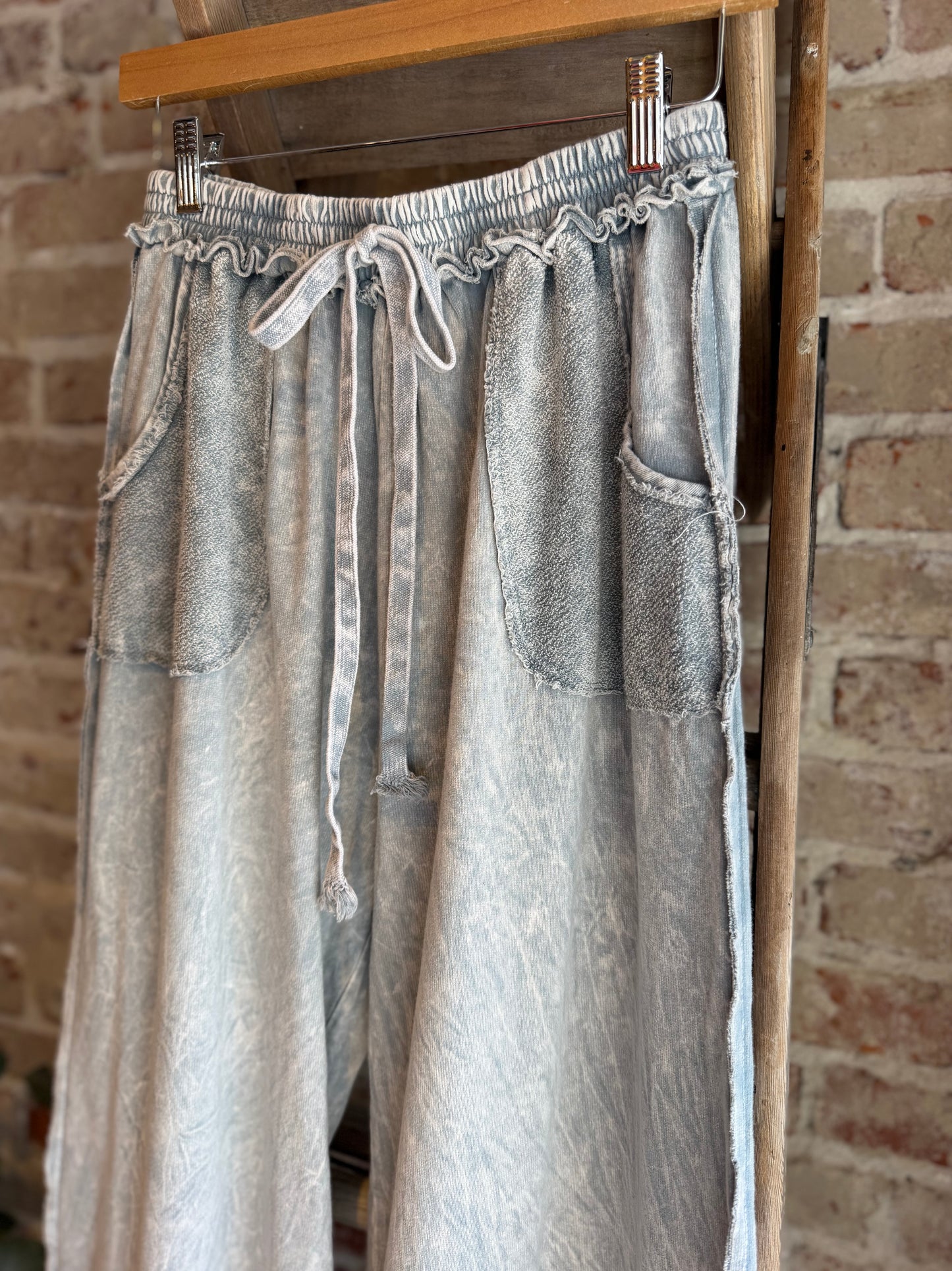 Mineral Washed Wide Leg Pants - Silver Grey