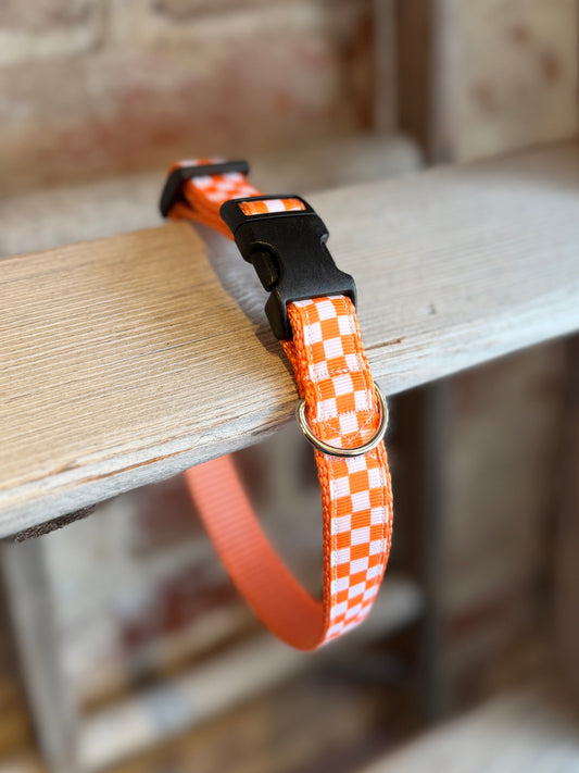 Checkered Narrow Pet Collar- Orange/White