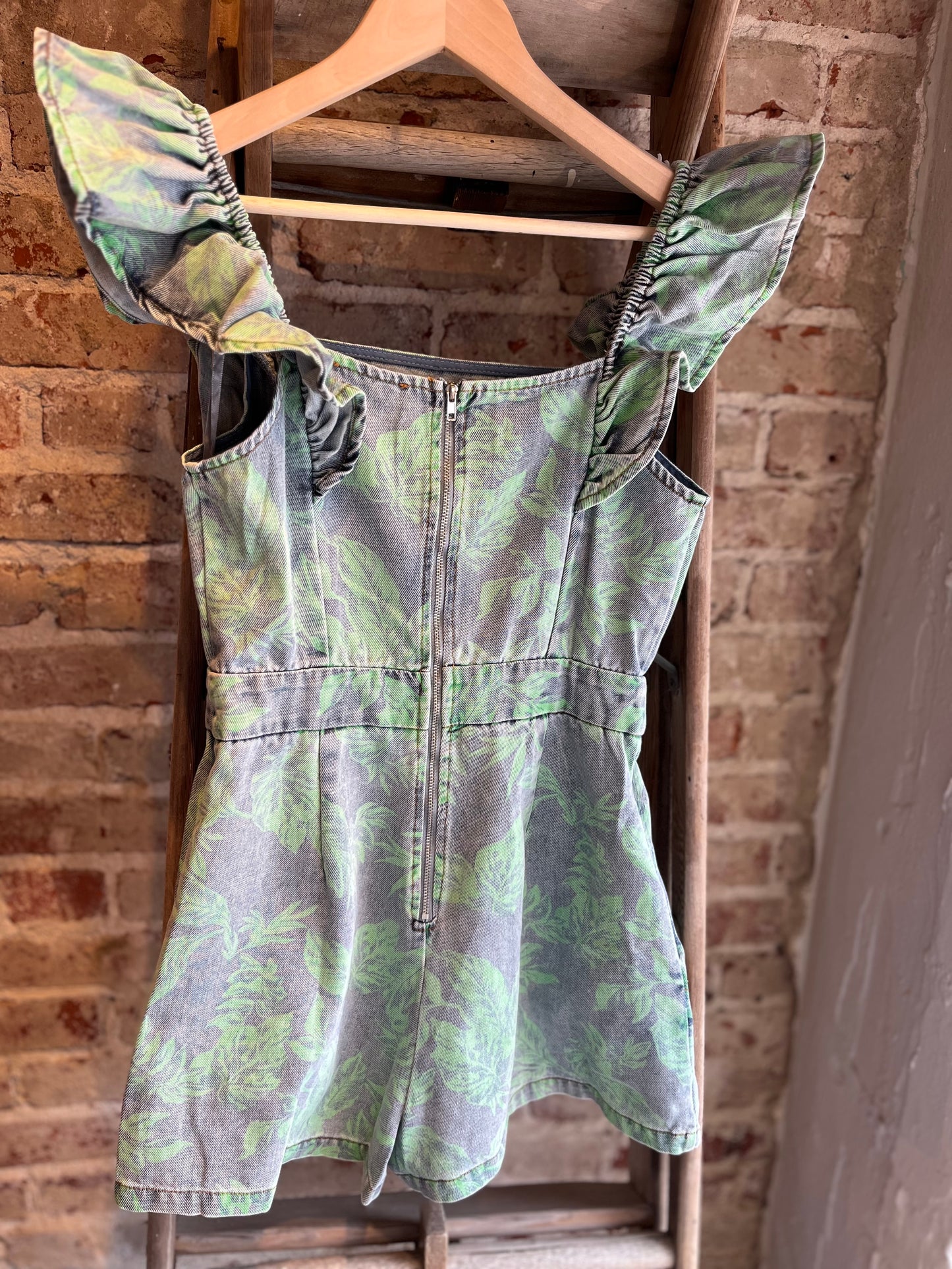 Printed Flutter Sleeve Denim Romper