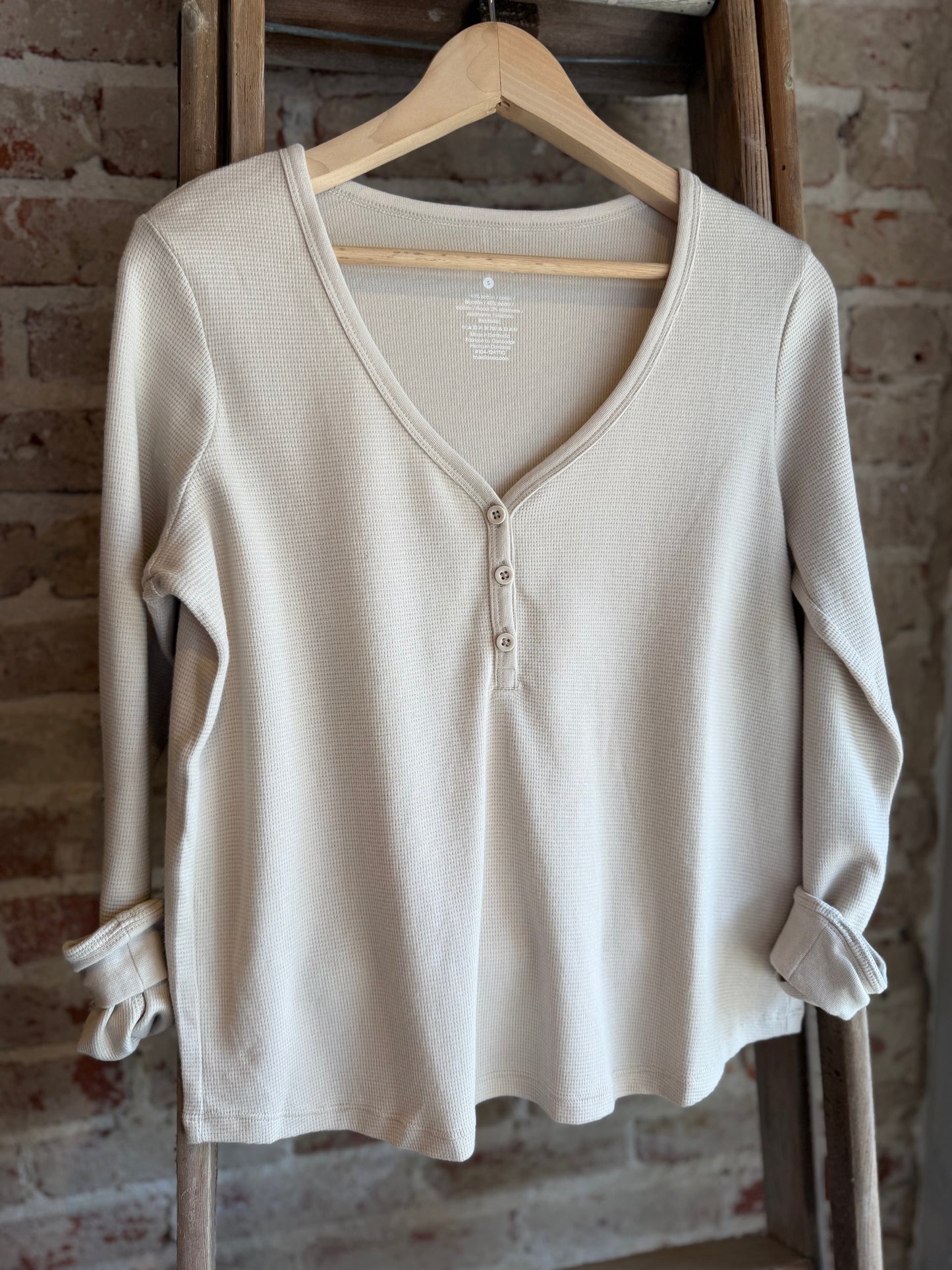 Waffle Knit Long Sleeve Henley - Oatmeal